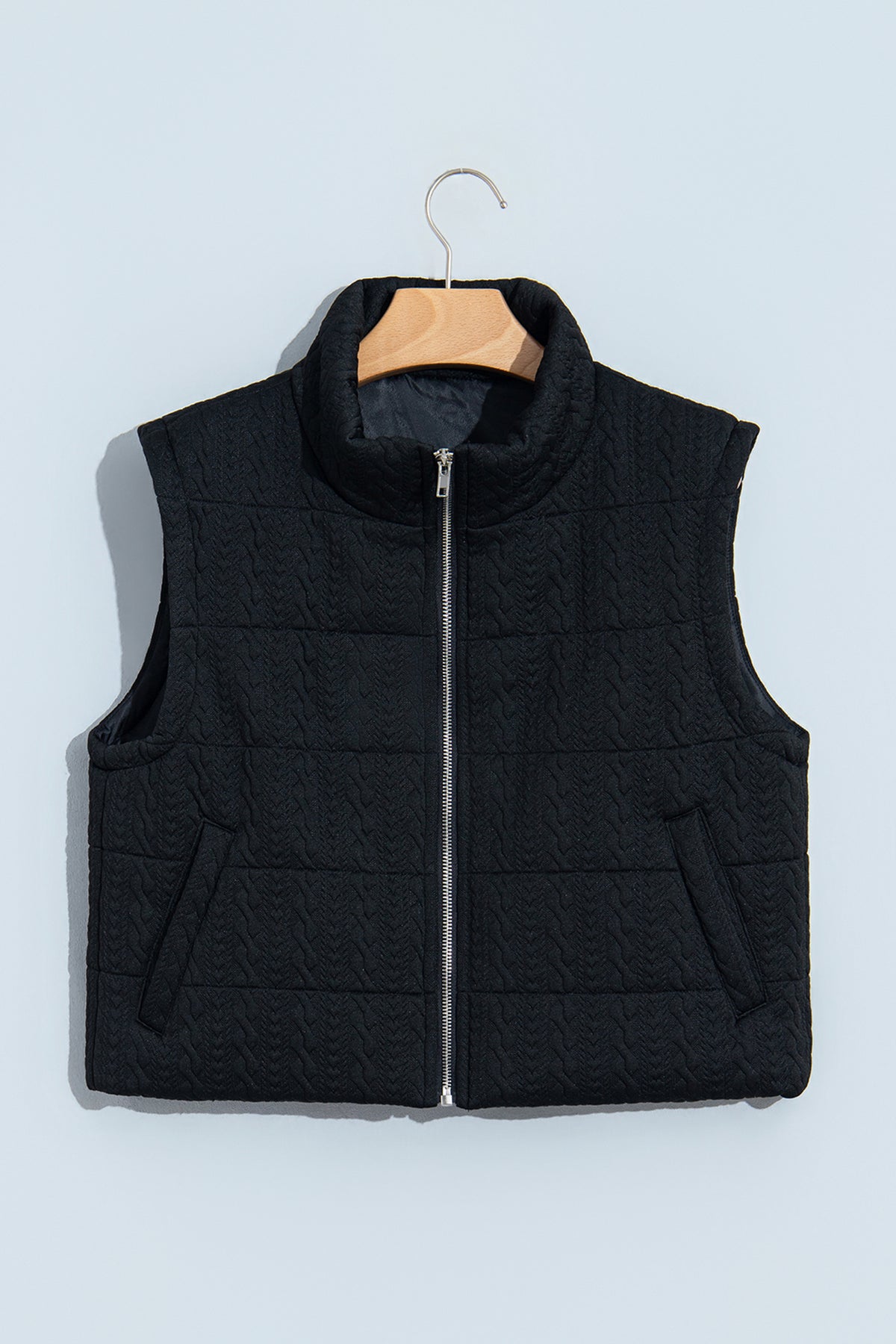 Black Textured Quilted Stand Neck Zipper Winter Vest