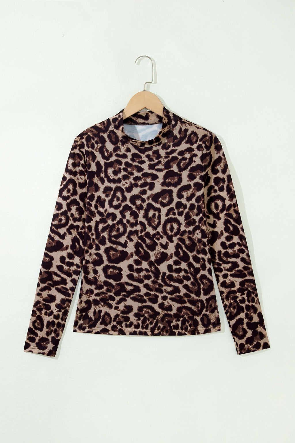 Khaki Leopard High Neck Long Sleeve Western Slim Top