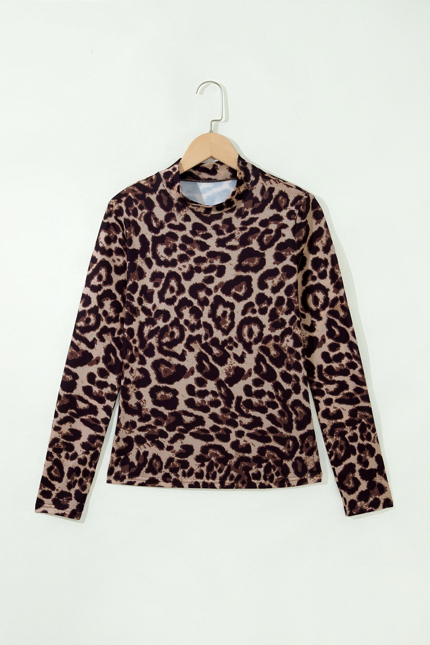 Khaki Leopard High Neck Long Sleeve Western Slim Top