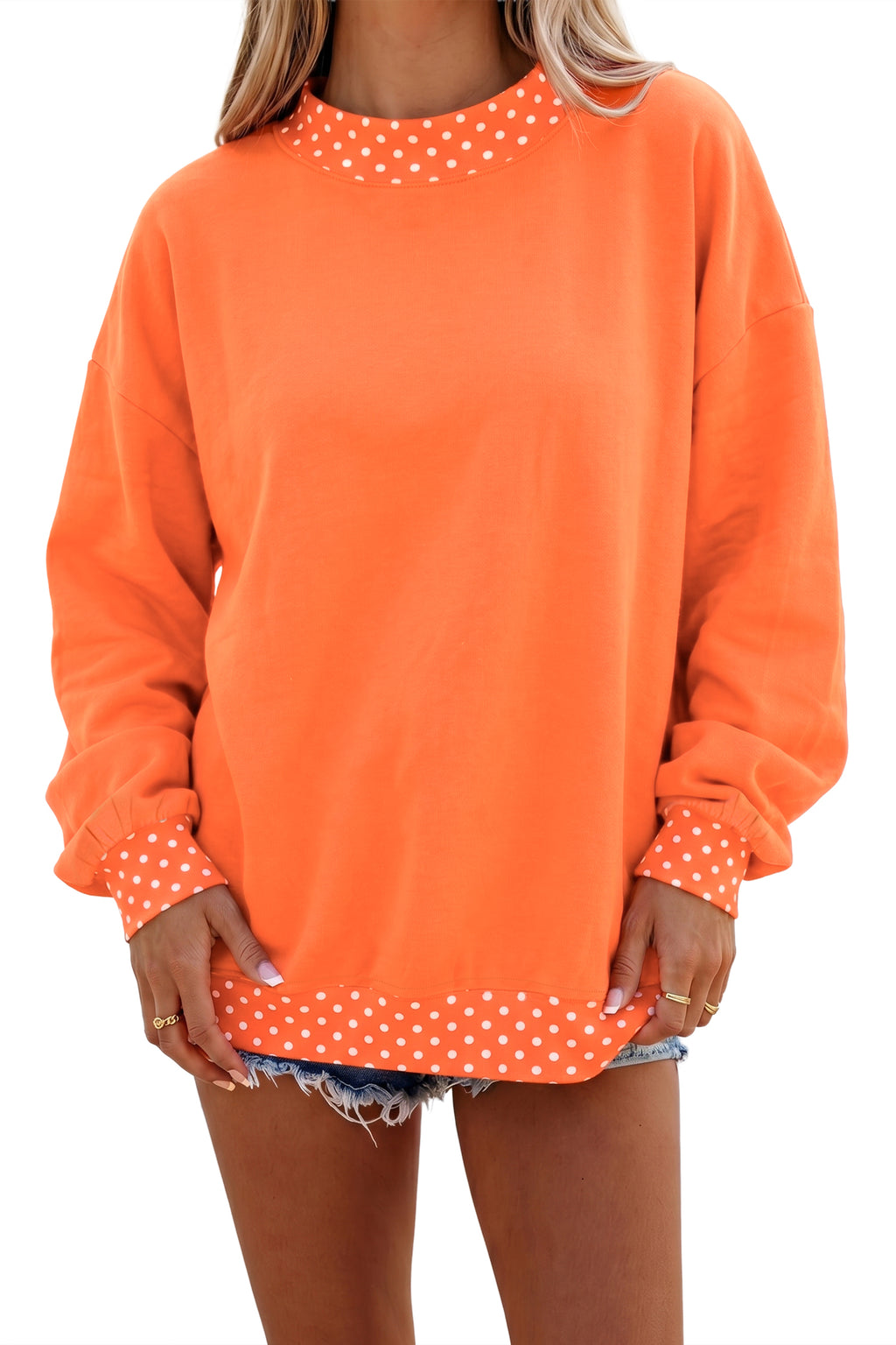Fiery Red Colorblock Polka Dot Contrast Trim Oversized Sweatshirt