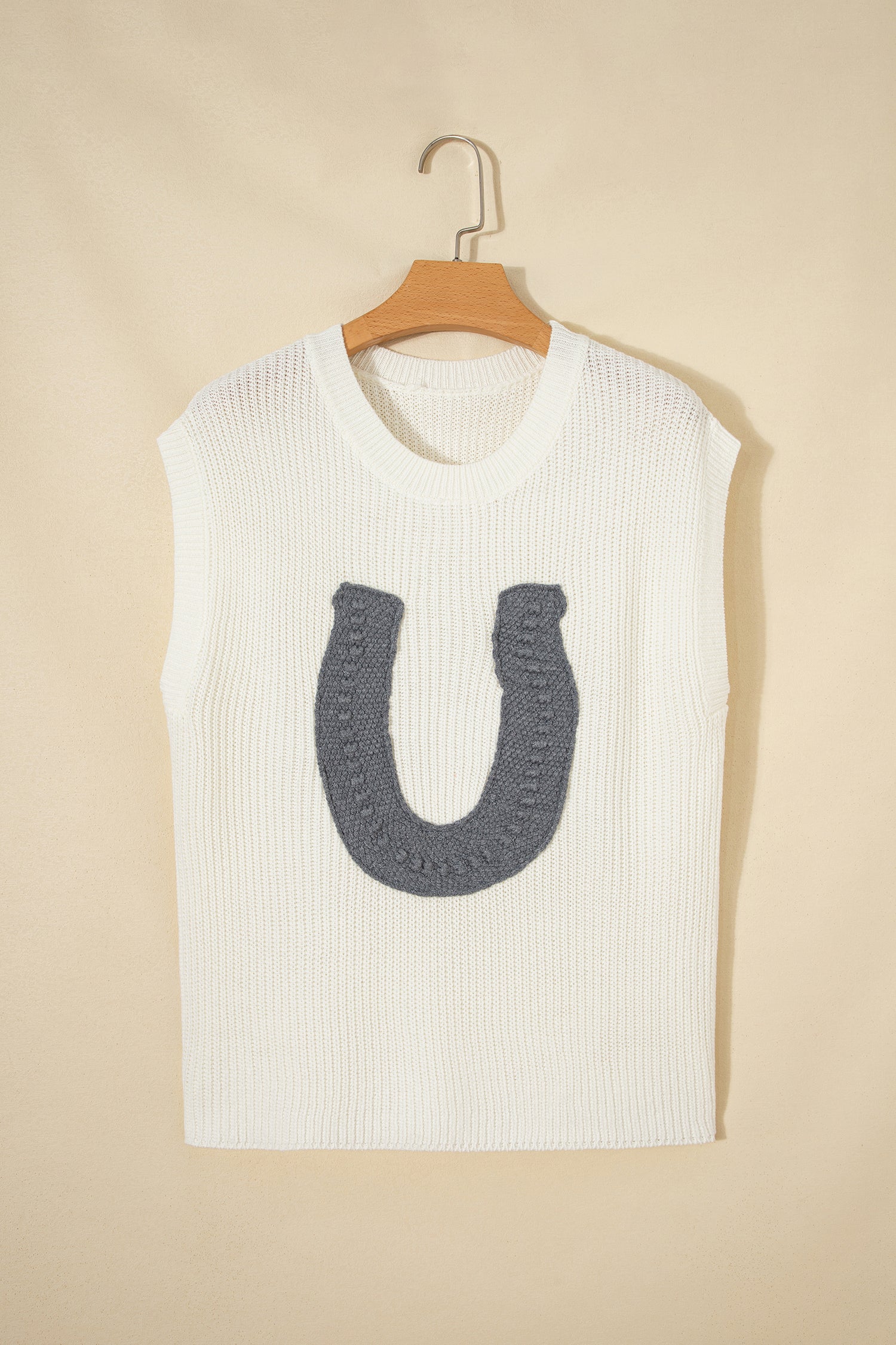 White Crochet Horseshoe Short Sleeve Knit Sweater
