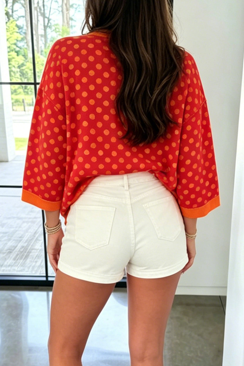 Blue Polka Dot Print Contrast Trim Round Neck Bracelet Sleeve Top