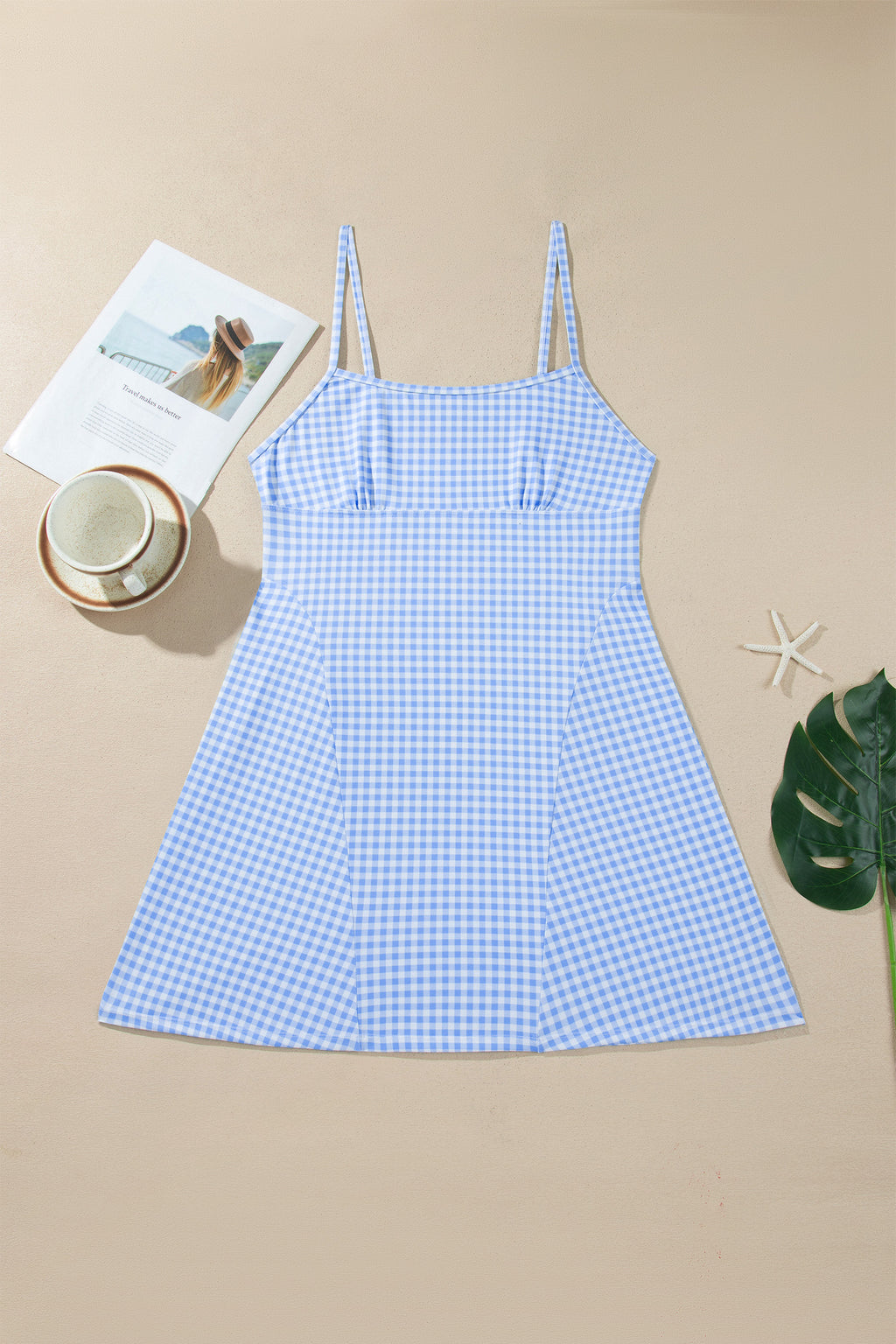 Sky Blue Gingham Plaid Double Layered Cami Mini Dress 3pcs Set