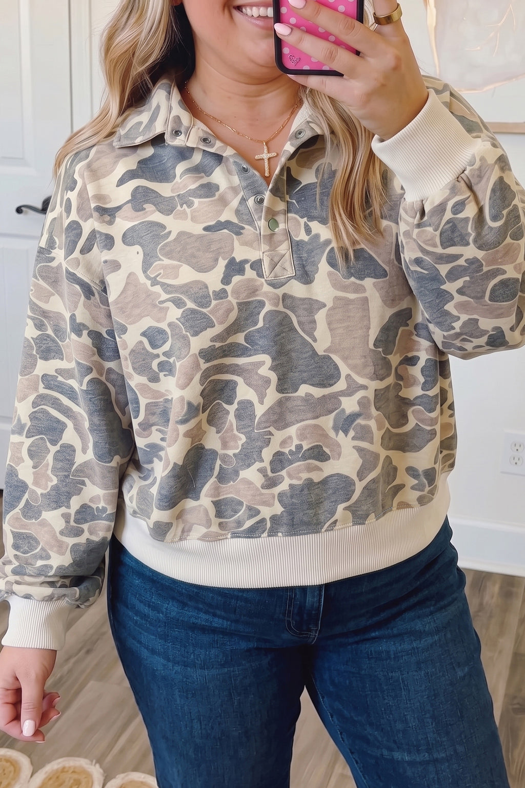 Multicolour Casual Camo V-Neck Buttoned Plus Size Sweatshirt