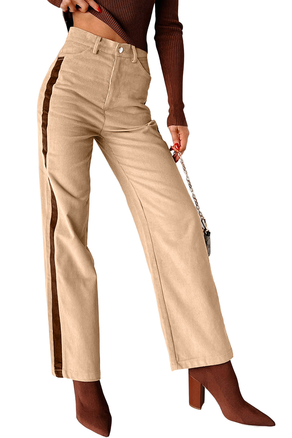 Smoke Gray Corduroy Side Panel Colorblock Straight Leg Pants