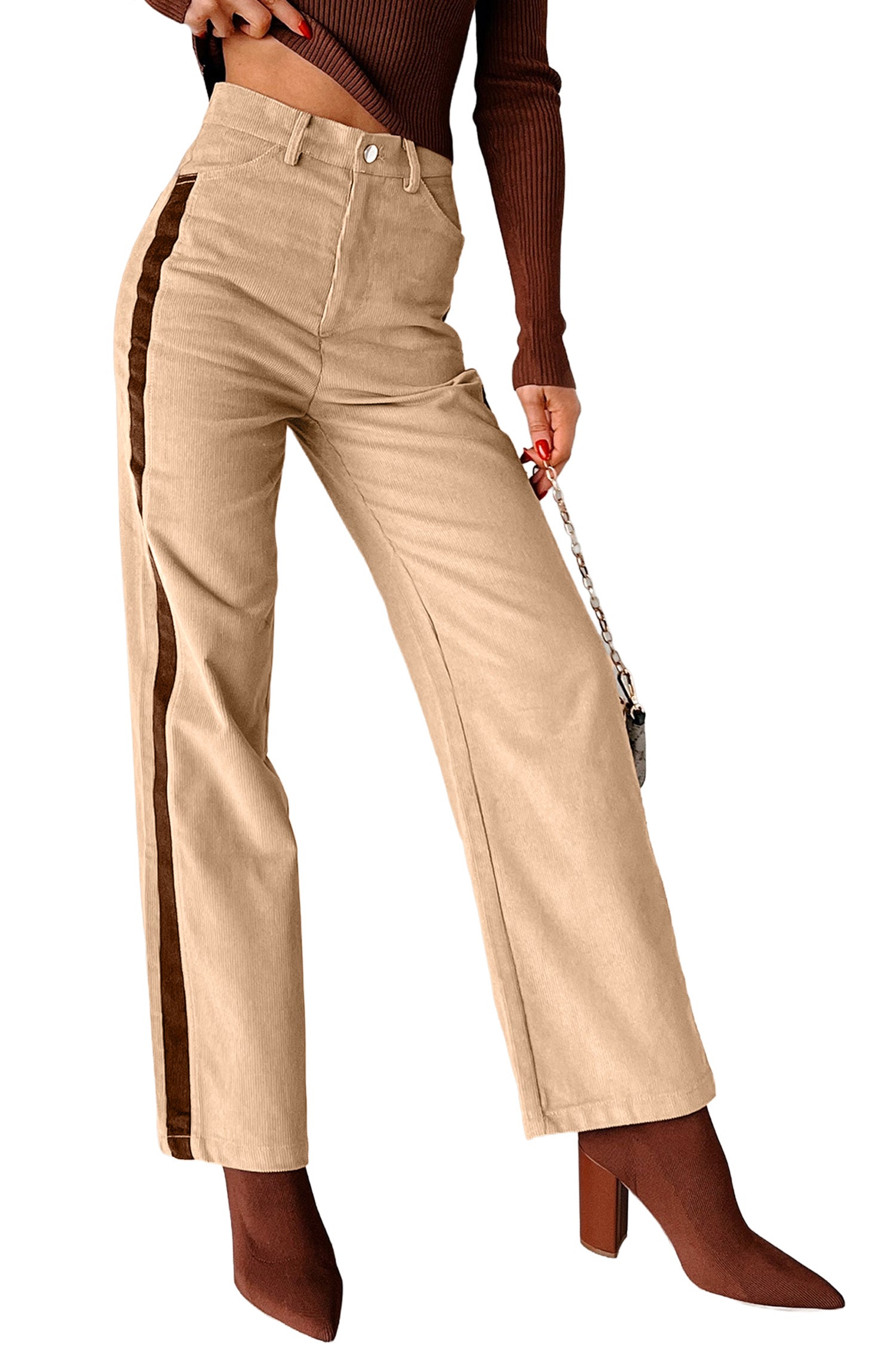 Smoke Gray Corduroy Side Panel Colorblock Straight Leg Pants