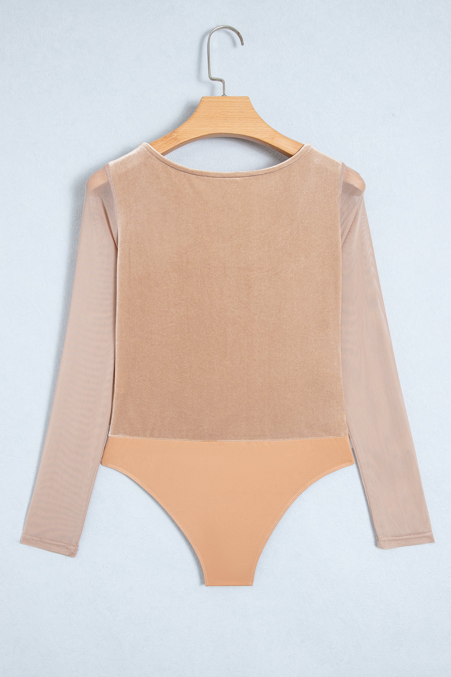 Light French Beige Solid Color Velvet Knot Square Neck Sheer Long Sleeve Bodysuit