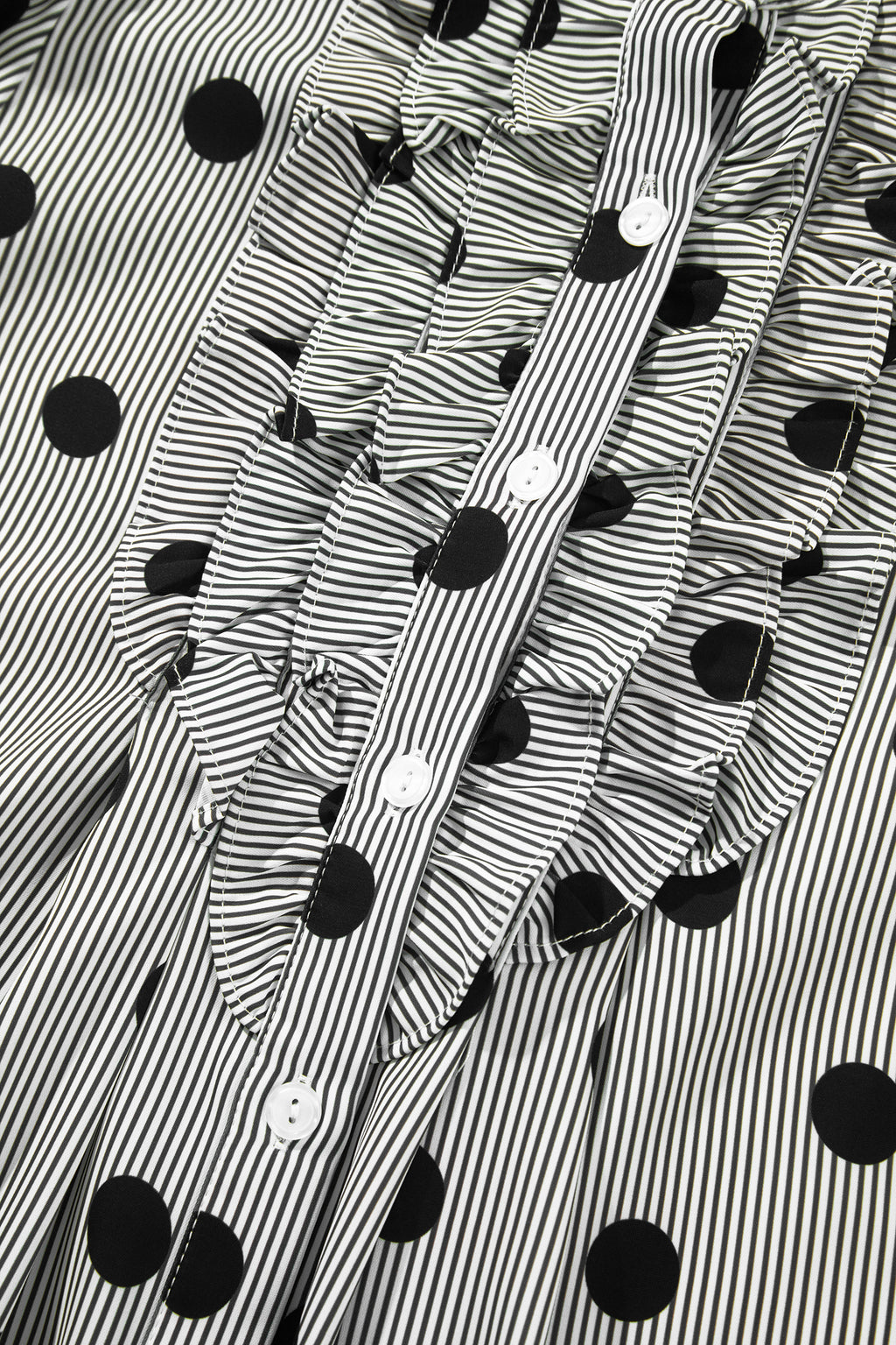 Black white Polka Dot Striped Print Ruffle Stand Neck 3/4 Sleeve Shift Shirt