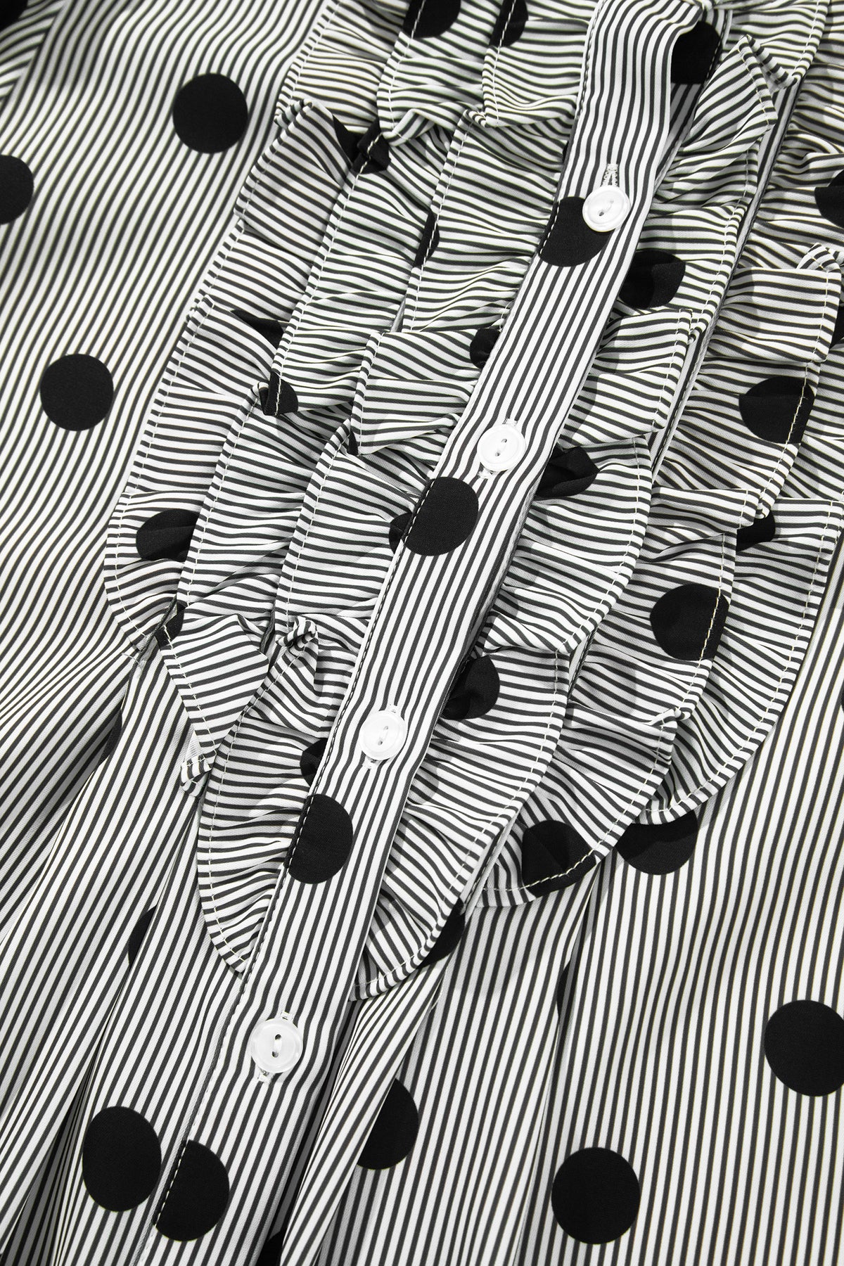 Black white Polka Dot Striped Print Ruffle Stand Neck 3/4 Sleeve Shift Shirt
