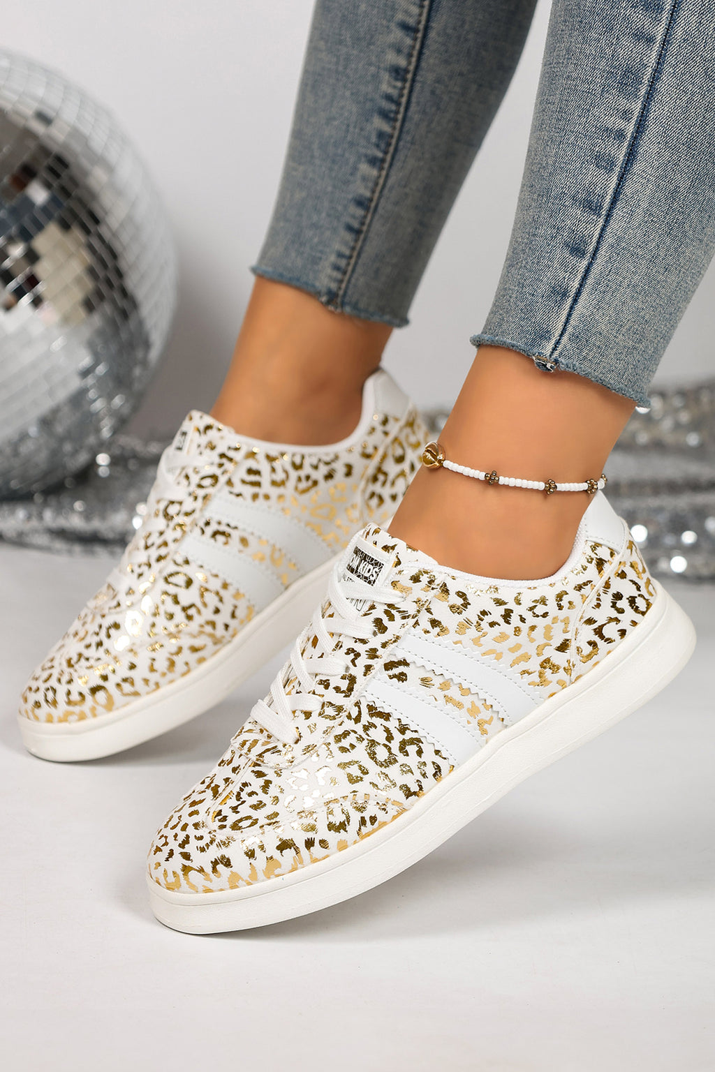 White Leopard Print PU Leather Detail Lace Up Casual Shoes
