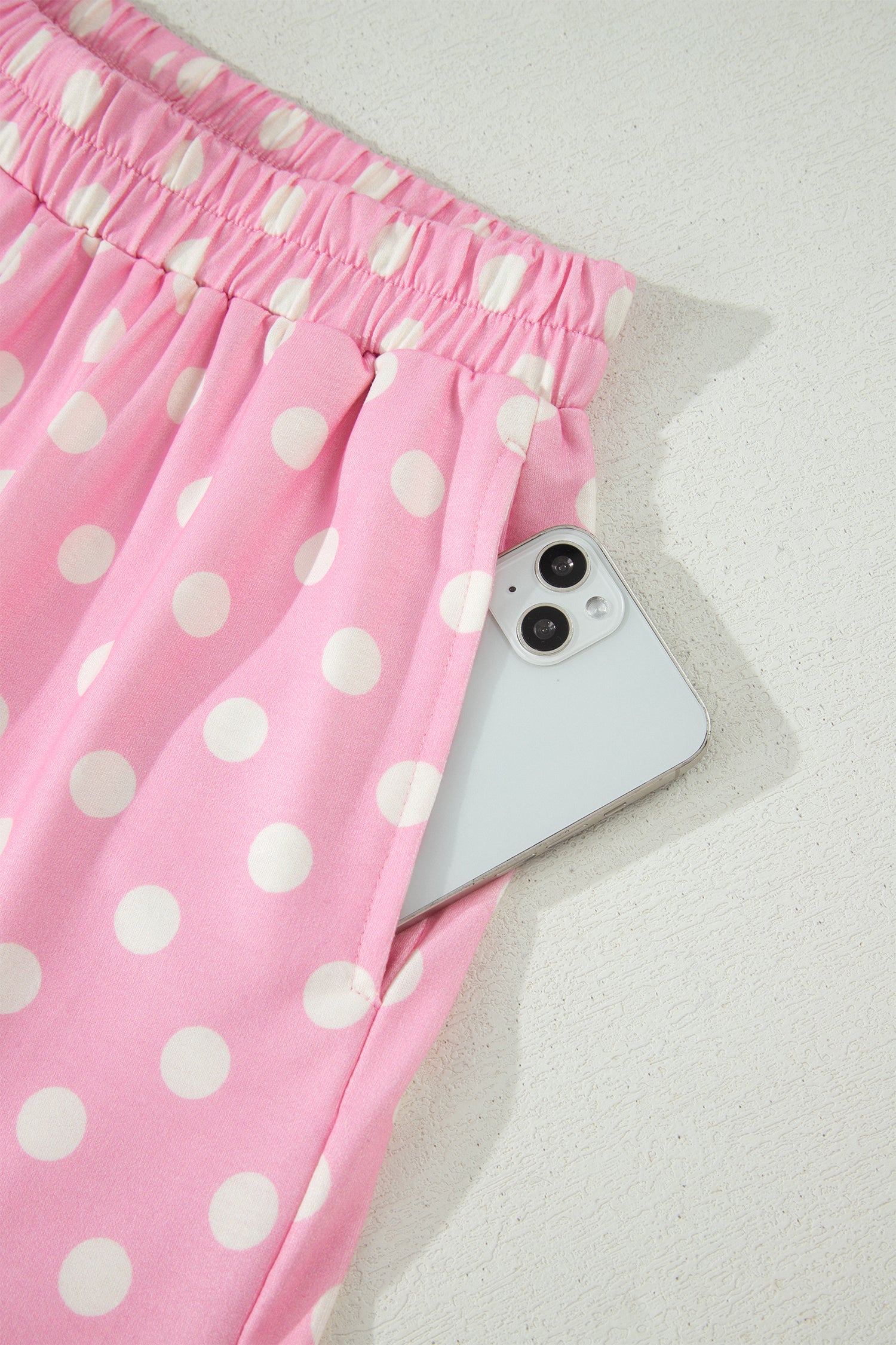 Pink Polka Dot Print Color Block Trim Mock Neck Short Set