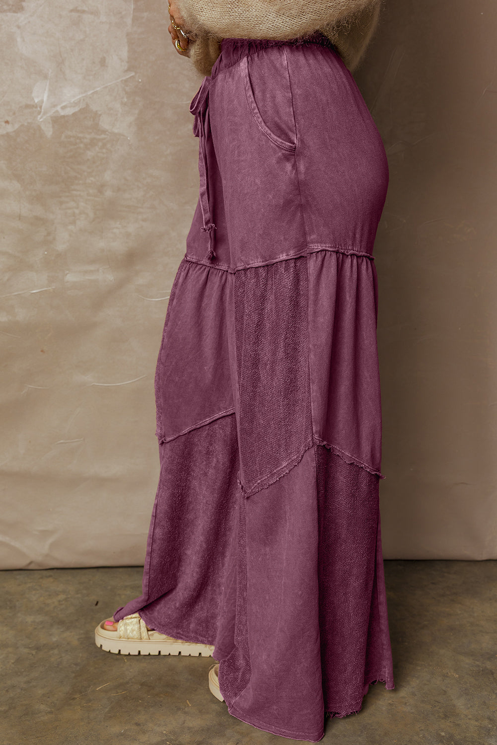 Wild Ginger Careys Mineral Wash Tiered Wide Leg Patchwork Drawstring Pants