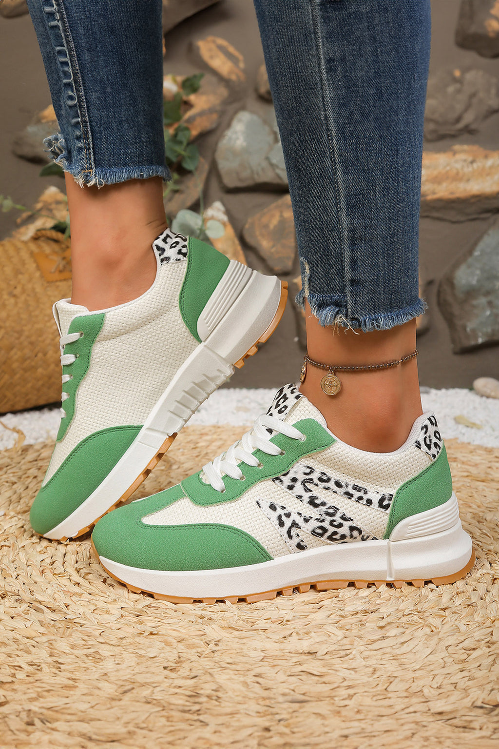 Green PU Leather Leopard Color Block Detail Lace Up Sporty Sneakers