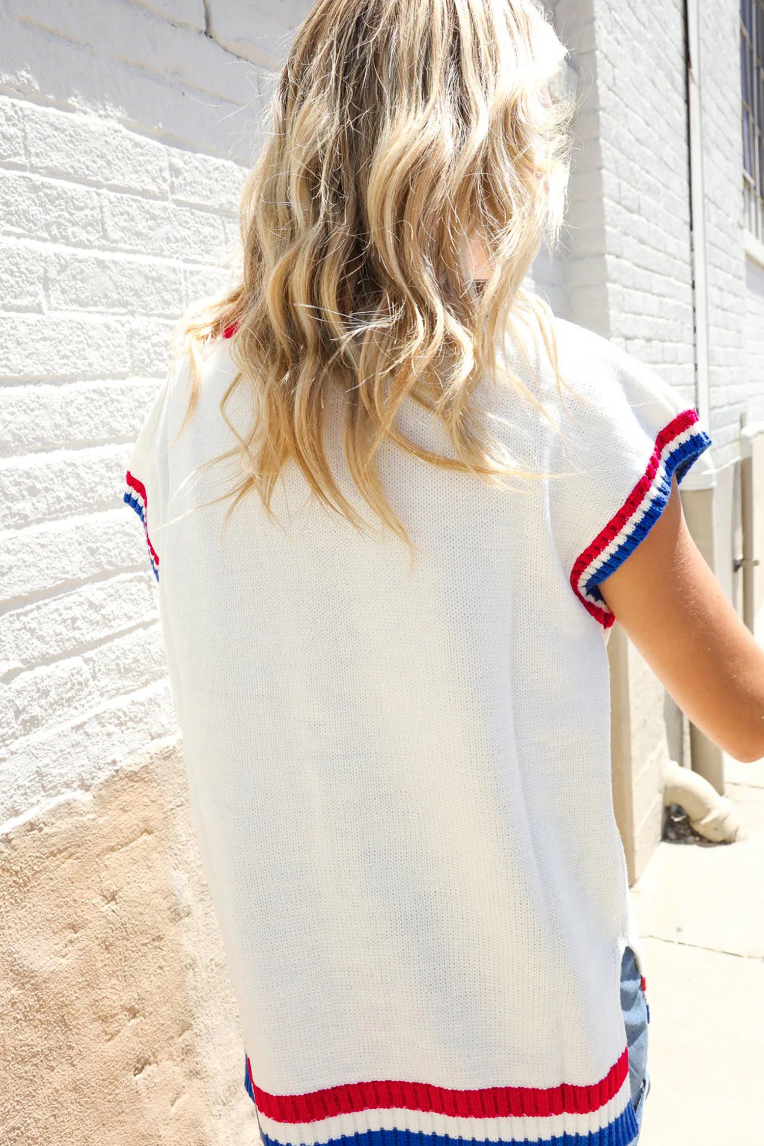 White USA Contrast Striped Trim Round Neck Short Sleeve Sweater