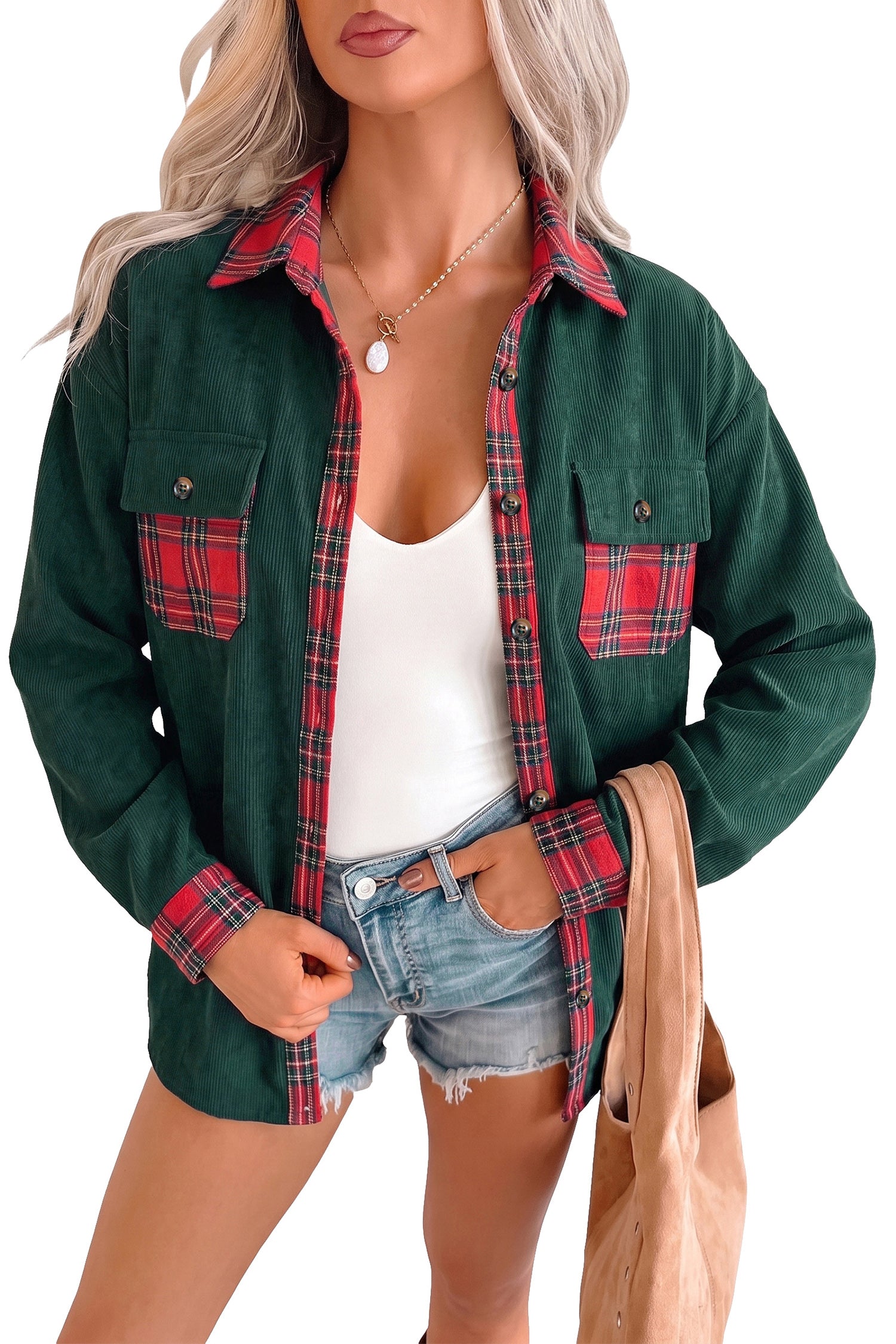 Blackish Green Plaid Pocket Button Long Sleeve Shift Shacket