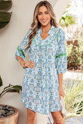 Sky Blue Boho Paisley Print Contrasted Patchwork Detail Bracelet Sleeve Loose Mini Dress