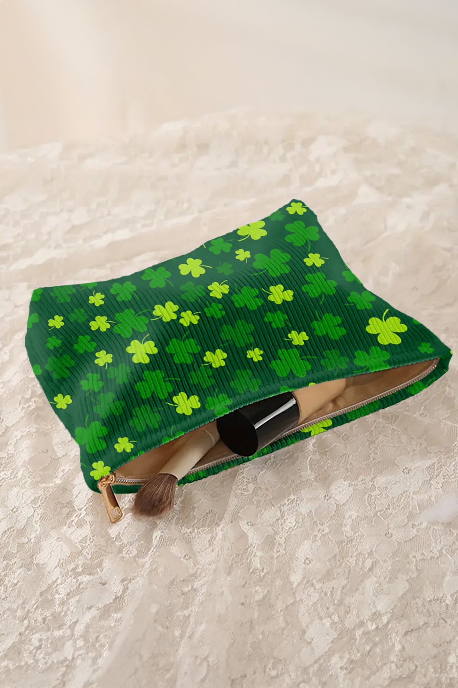 White St Patricks Lucky Clover Printed Soft Ribbed Makeup Bag