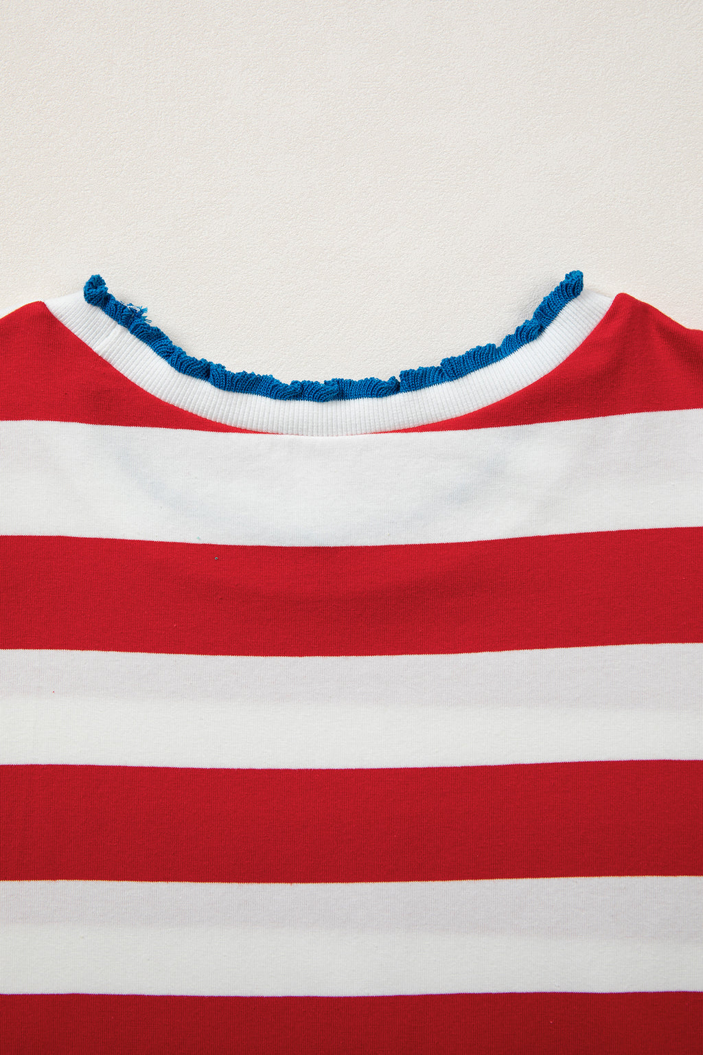 Red Stripe Contrast Trim Round Neck Short Puff Sleeve Shift Dress