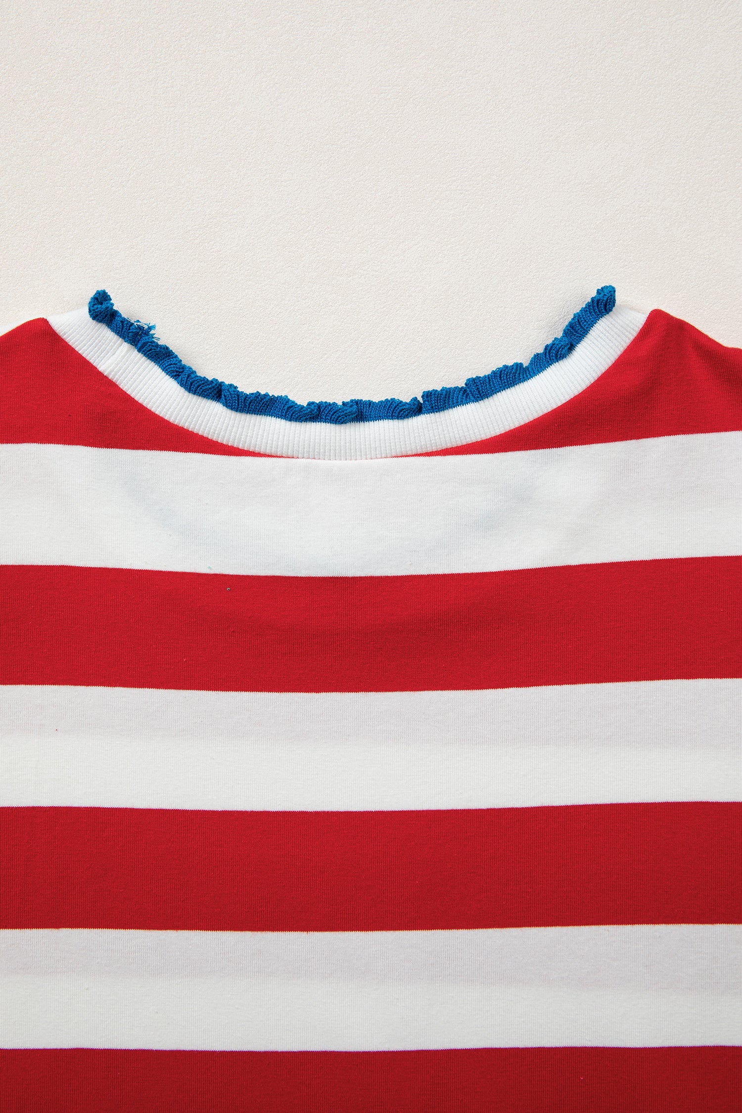 Red Stripe Contrast Trim Round Neck Short Puff Sleeve Shift Dress