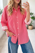 Red Stripe Button-Up Shirt Long Sleeve Patch Pocket Casual Shirt