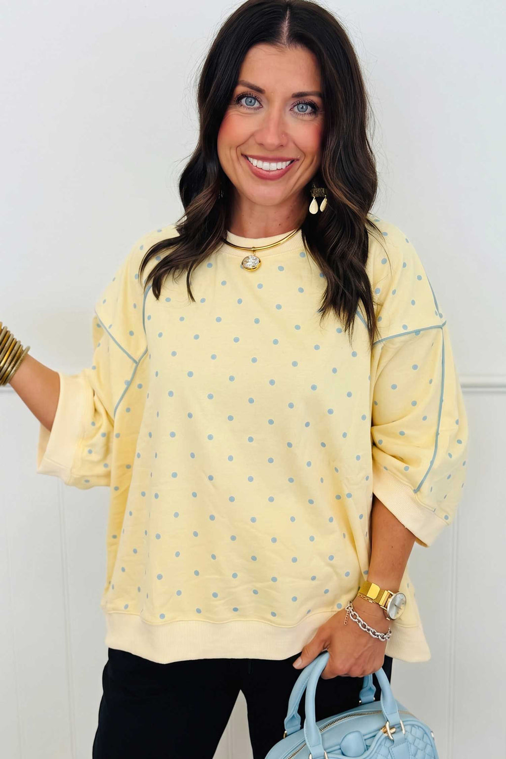 Yellow Polka Dot Print Piping Trim 3/4 Sleeve Relaxed Top