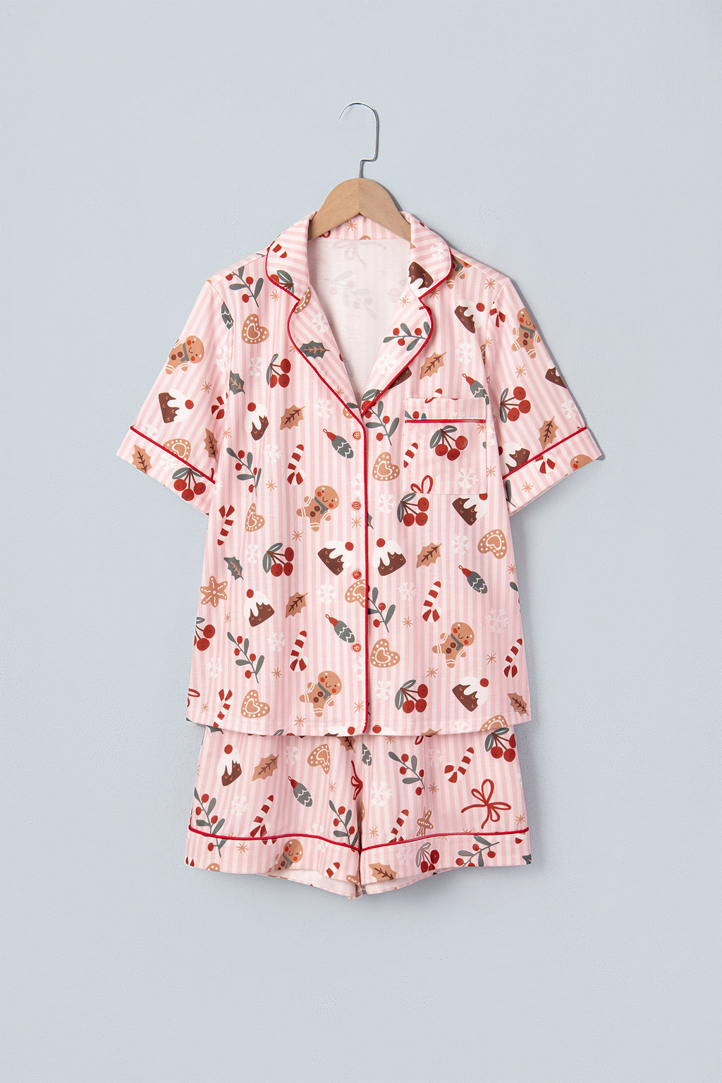 Pink Abstract Christmas Print Short Sleeve Two Piece Lounge Set