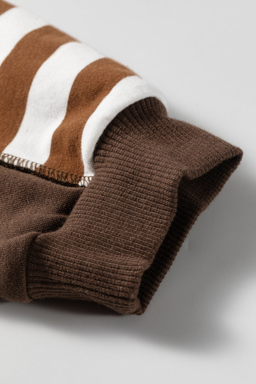 Brown Stripe Exposed Seam Color Block Patchwork Button Placket Sweatshirt