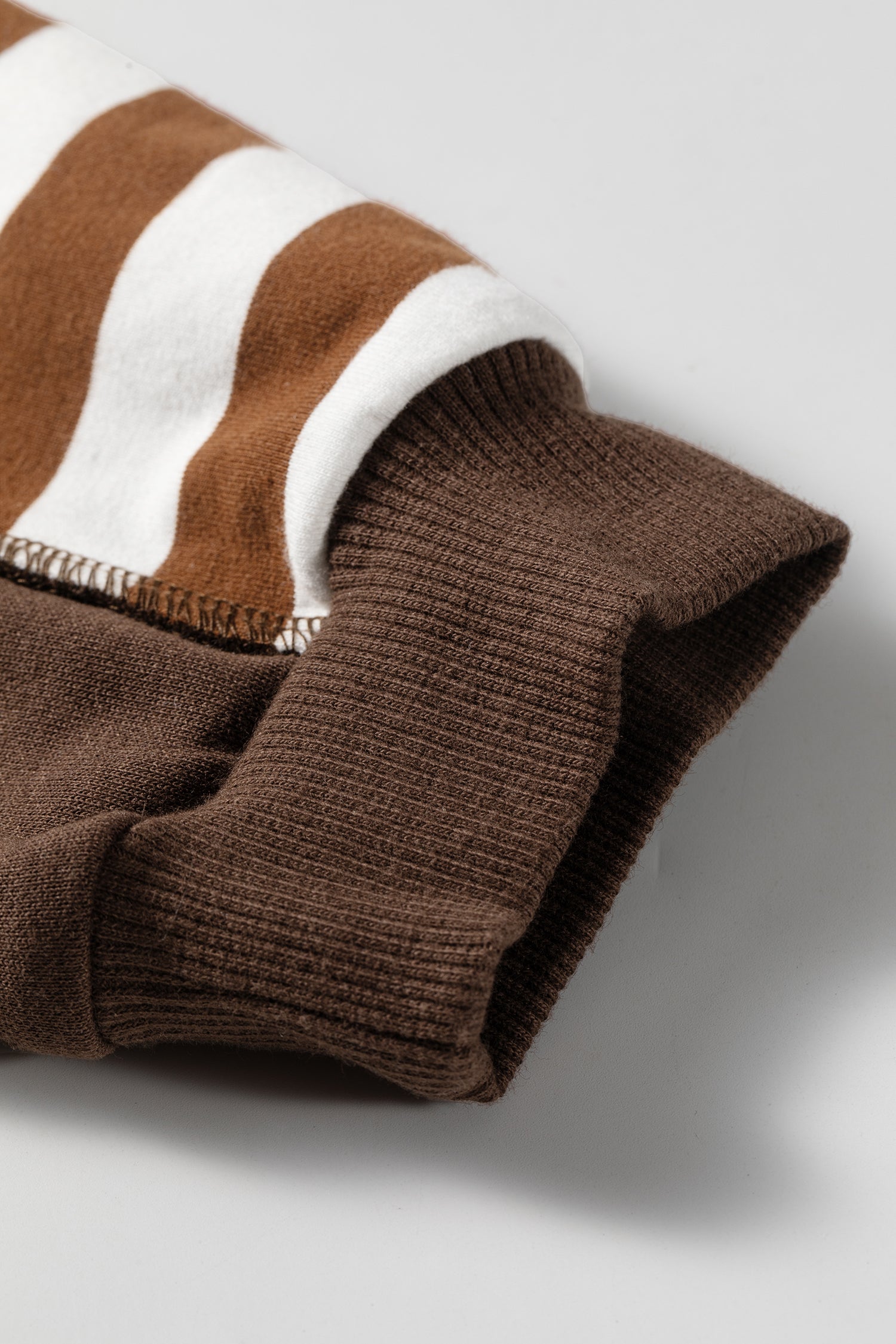 Brown Stripe Exposed Seam Color Block Patchwork Button Placket Sweatshirt