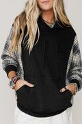 Black Plaid Sleeve Drawstring Pocket Hooded Sweatshirt