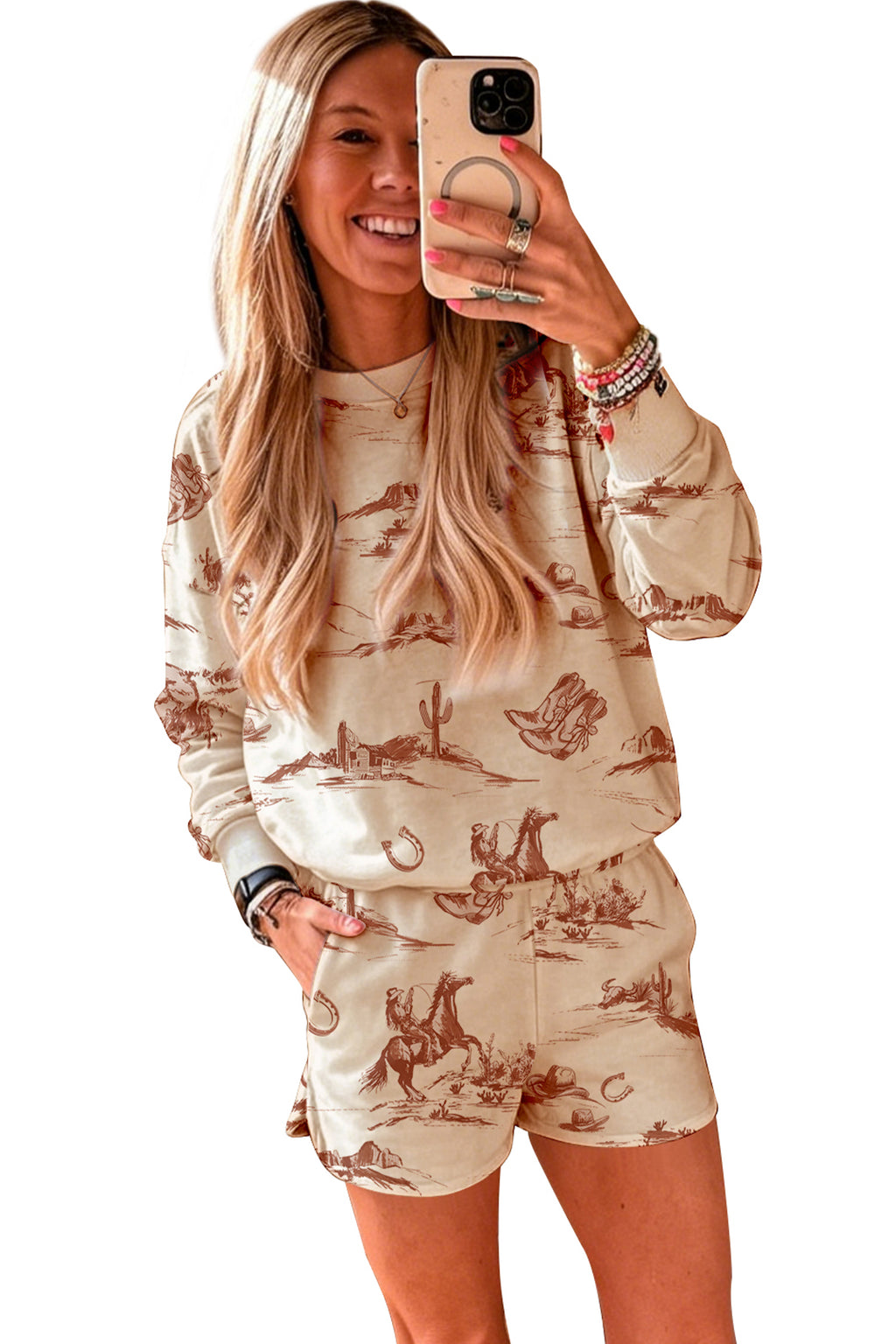 Beige Western Print Loose Fit Long Sleeve Top Short Set