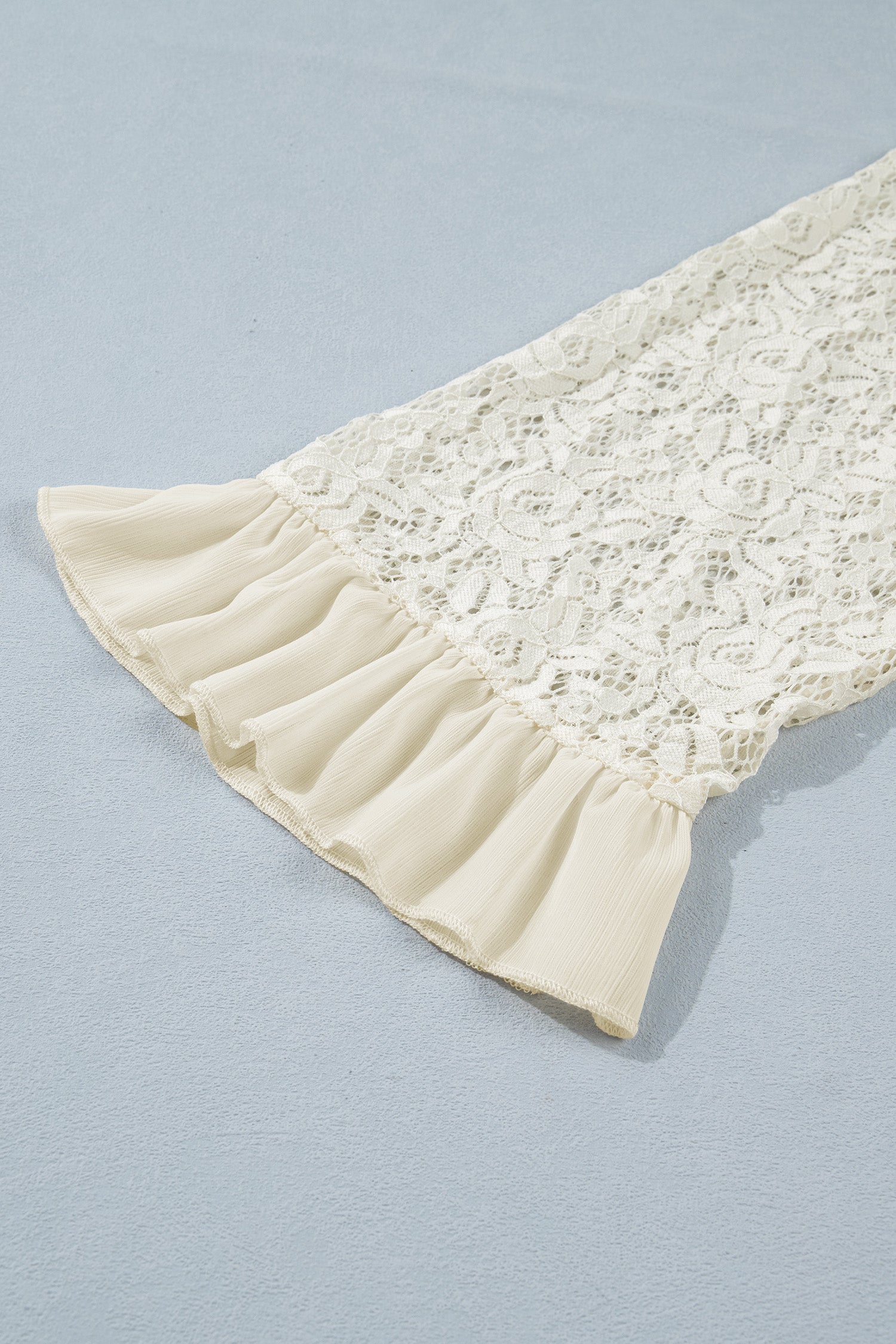 White Sheer Lace Long Sleeve Ruffle Trim Loose Blouse