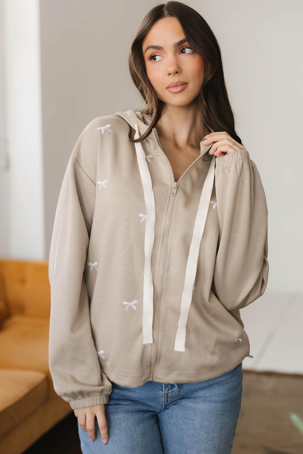 Goat Contrast Bow Embroidered Zip Up Jacket Hoodie