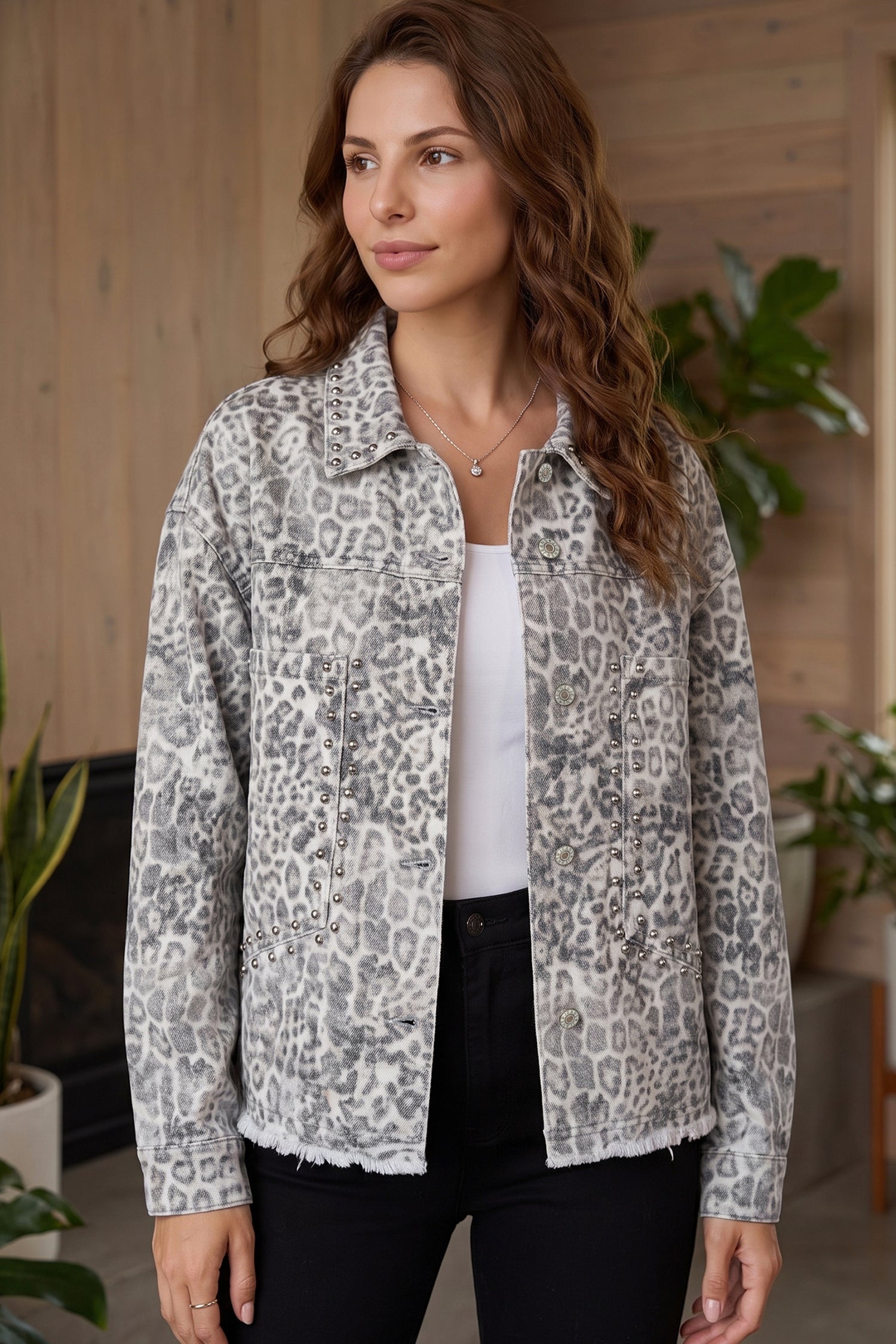 Khaki Leopard Print Studded Collar Studded Patch Pocket Denim Jacket