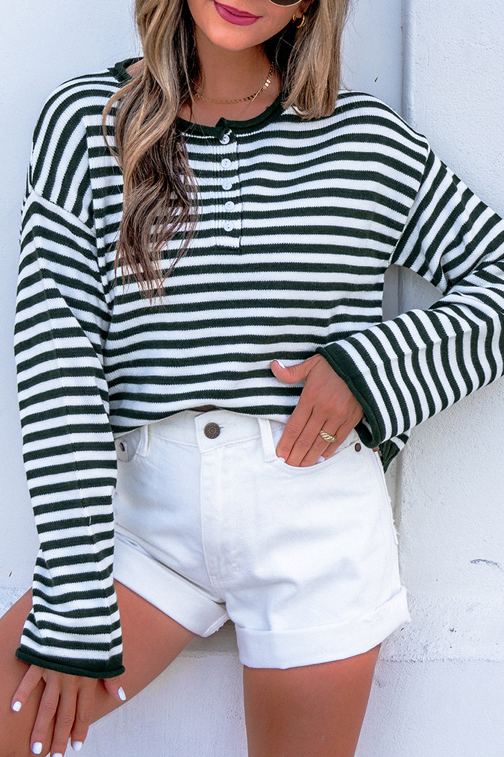 Green Stripe Striped Button Placket Drop Shoulder Long Sleeve Sweater