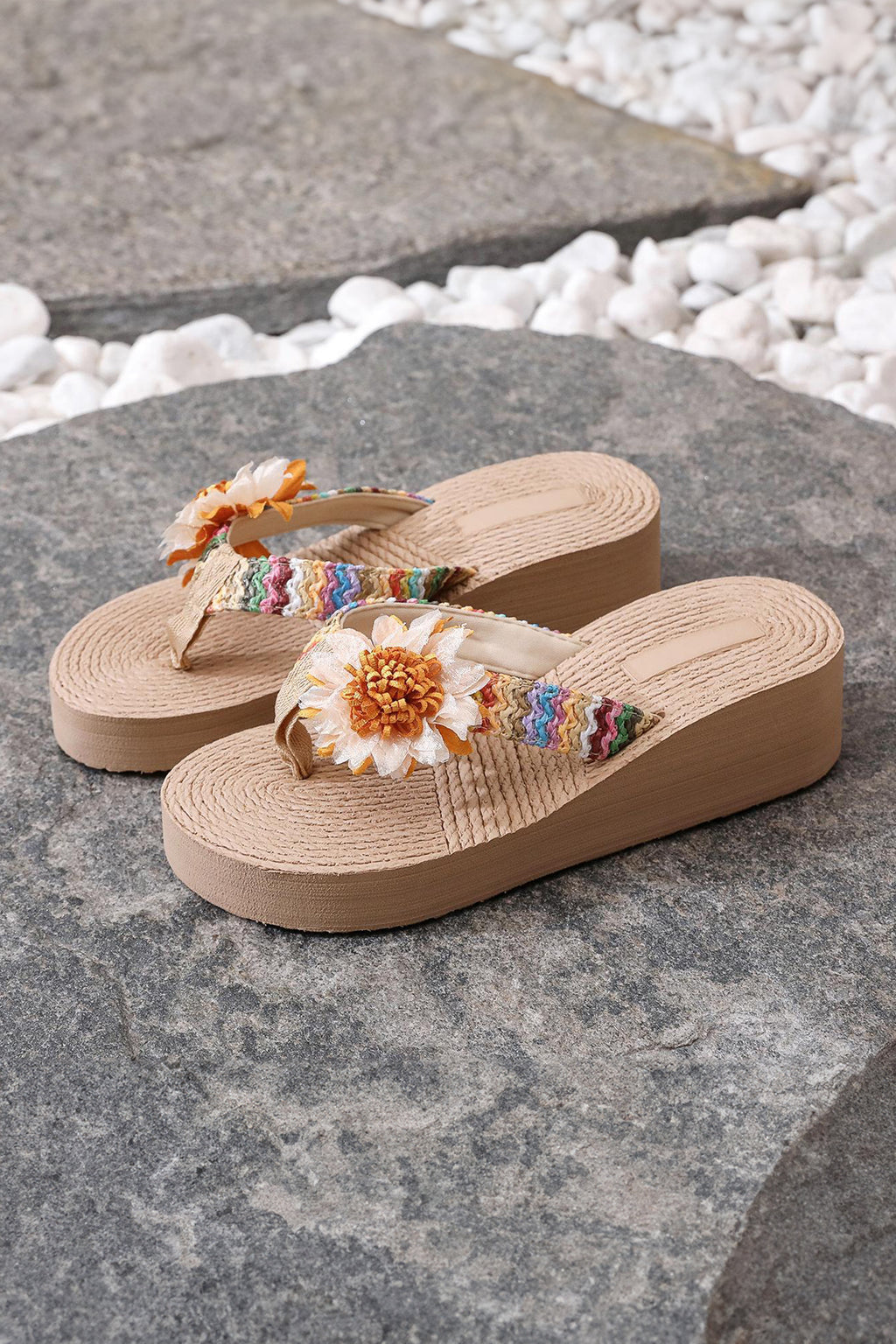 Parchment Vacation Floral Decor Straw Woven Textured Wedge Platform Slippers