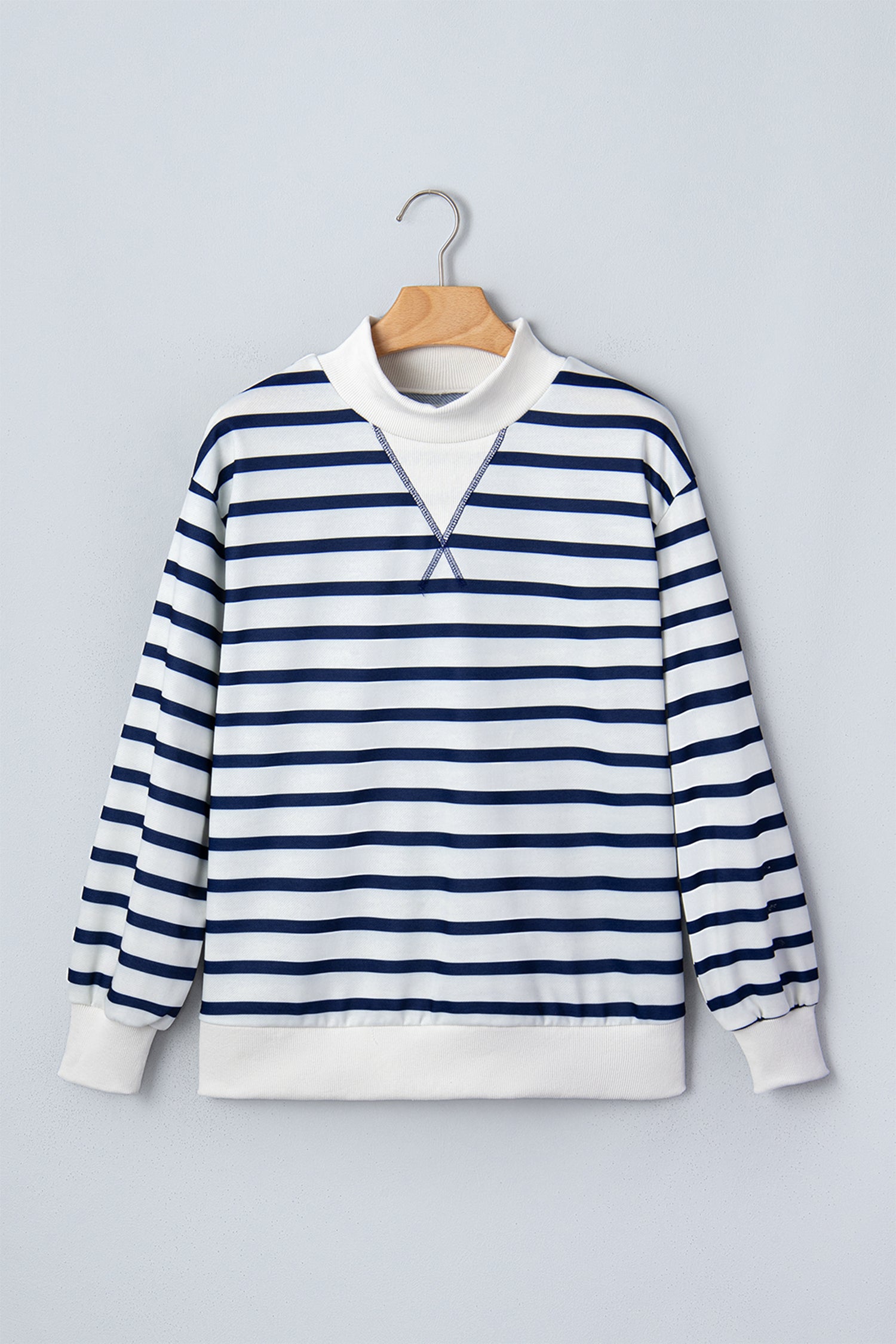Blue Stripe Striped Stand Neck Long Sleeve Ribbed Cuff Hem Sweatshirt