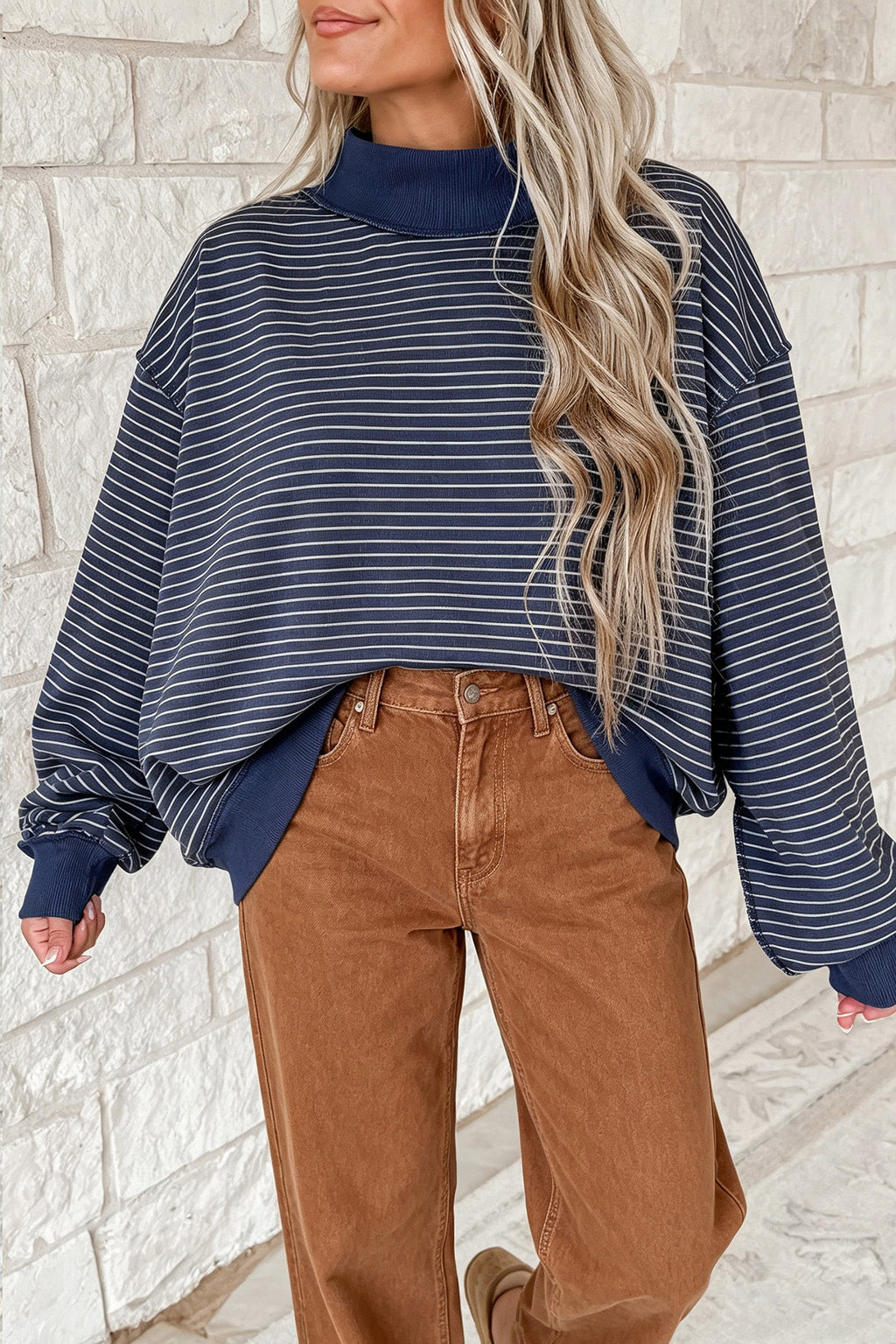 Khaki Stripe Ribbed Color Block Mock Neck Oversized Sweatshirt