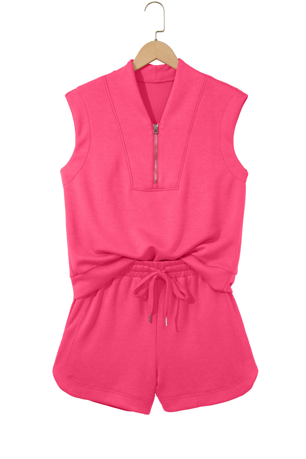 Fiery Red Quarter Zip Sleeveless Top Drawstring Shorts Casual 2pcs Outfit