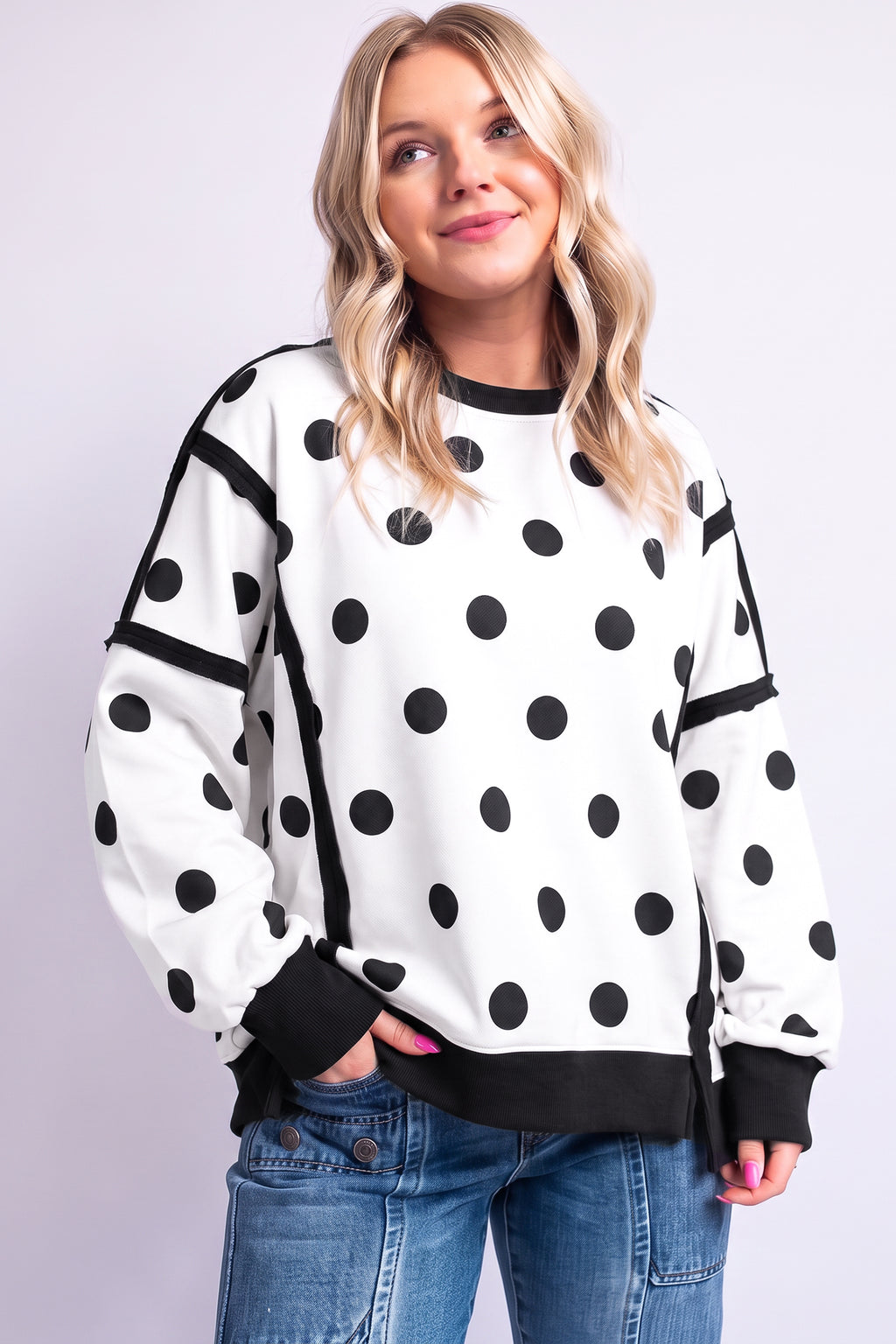 White Polka Dot Contrast Patchwork Round Neck Baggy Sweatshirt