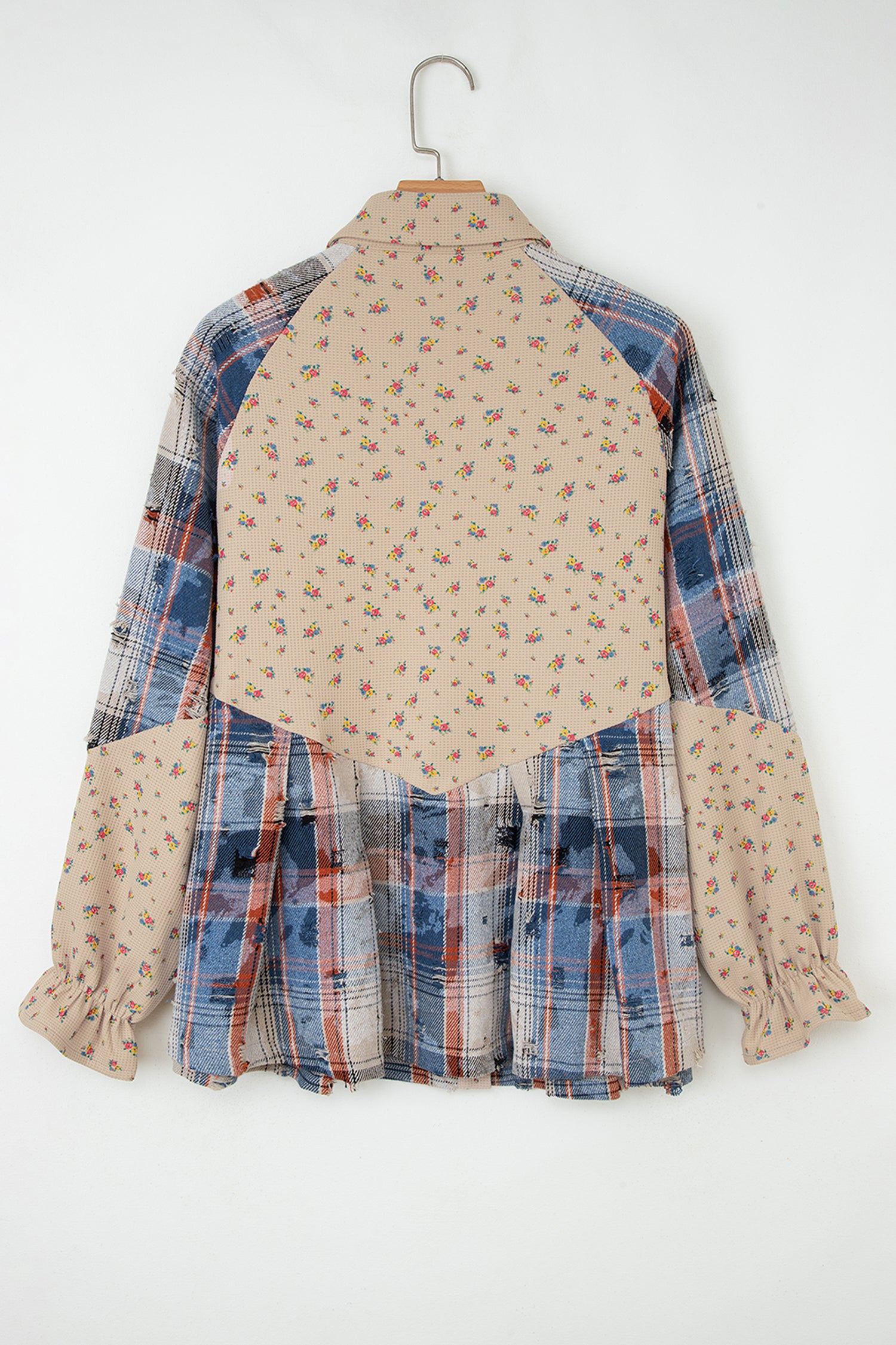 Ashleigh Blue Boho Floral Plaid Patchwork Distressed Detail Ruffled Sleeve Waffle Knit Shacket
