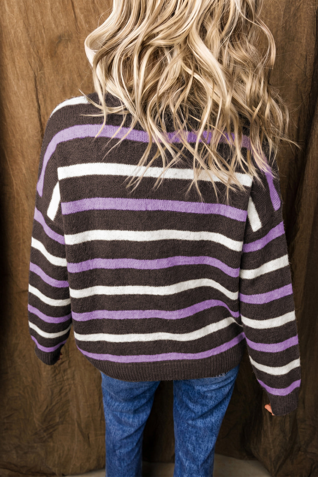 Brown Stripe Embroidered Detail Drop Shoulder Pullover Sweater