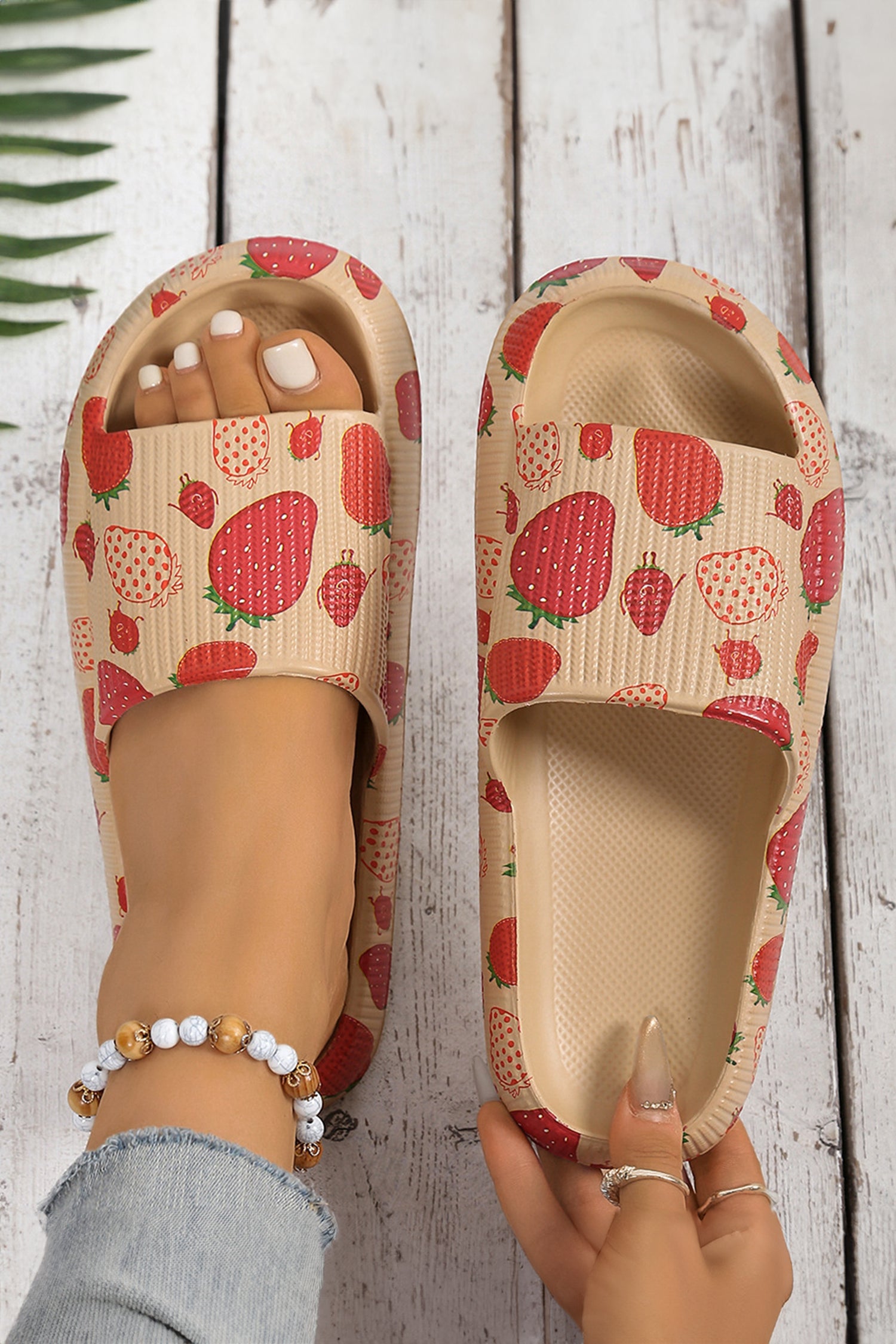 Light French Beige Strawberry Print EVA Daily Slippers