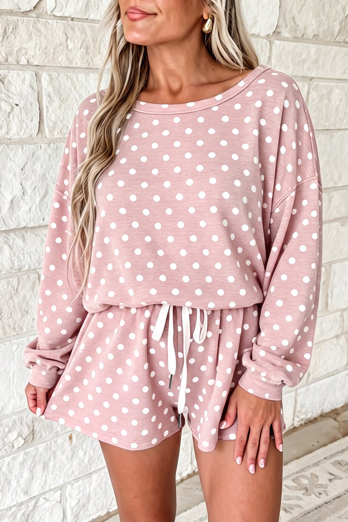 Pink Polka Dot Long Sleeve Top Drawstring Shorts Loose 2pcs Set