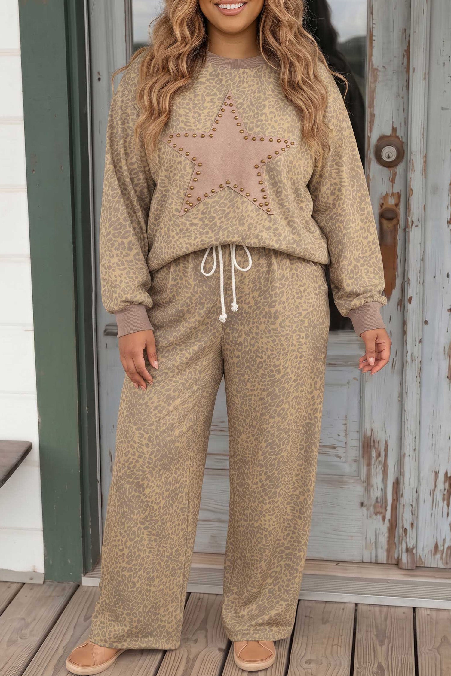 Khaki Leopard Print Star Patch Colorblock Long Sleeve Top Plus Size Drawstring Pants Set