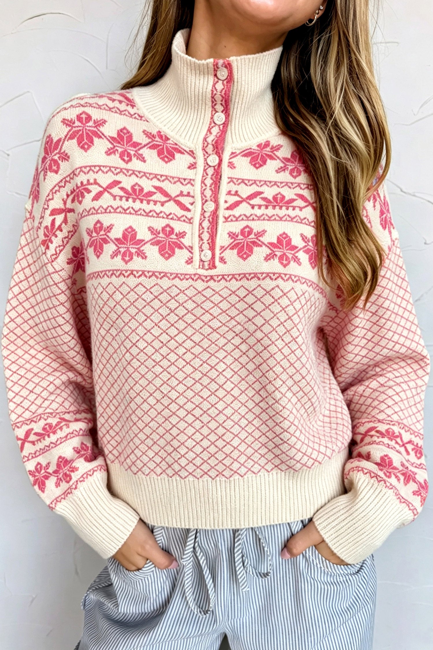 Sachet Pink Cozy Abstract Print Button Stand Neck Casual Sweater