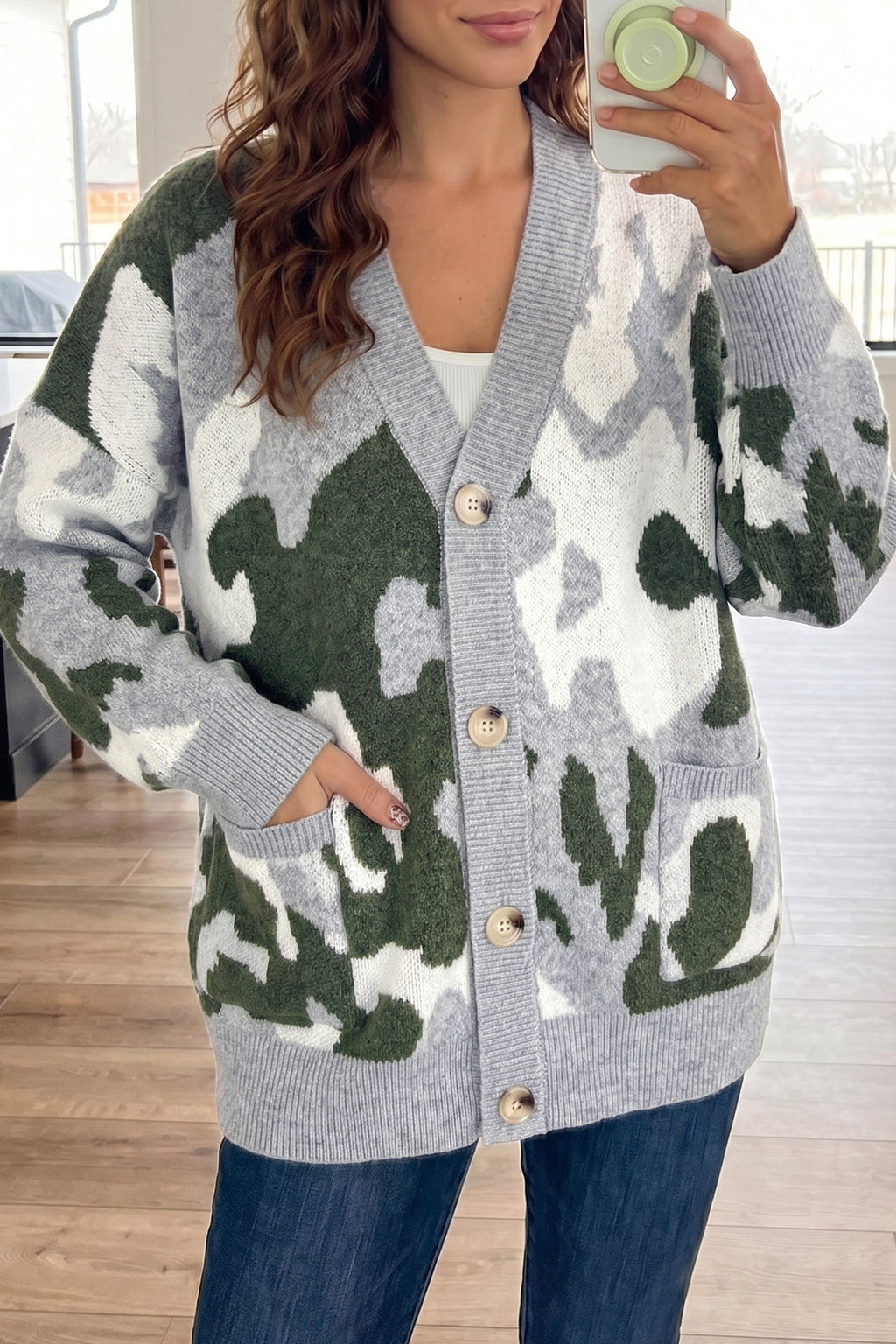 Green Camouflage Drop Shoulder V Neck Button Front Cardigan