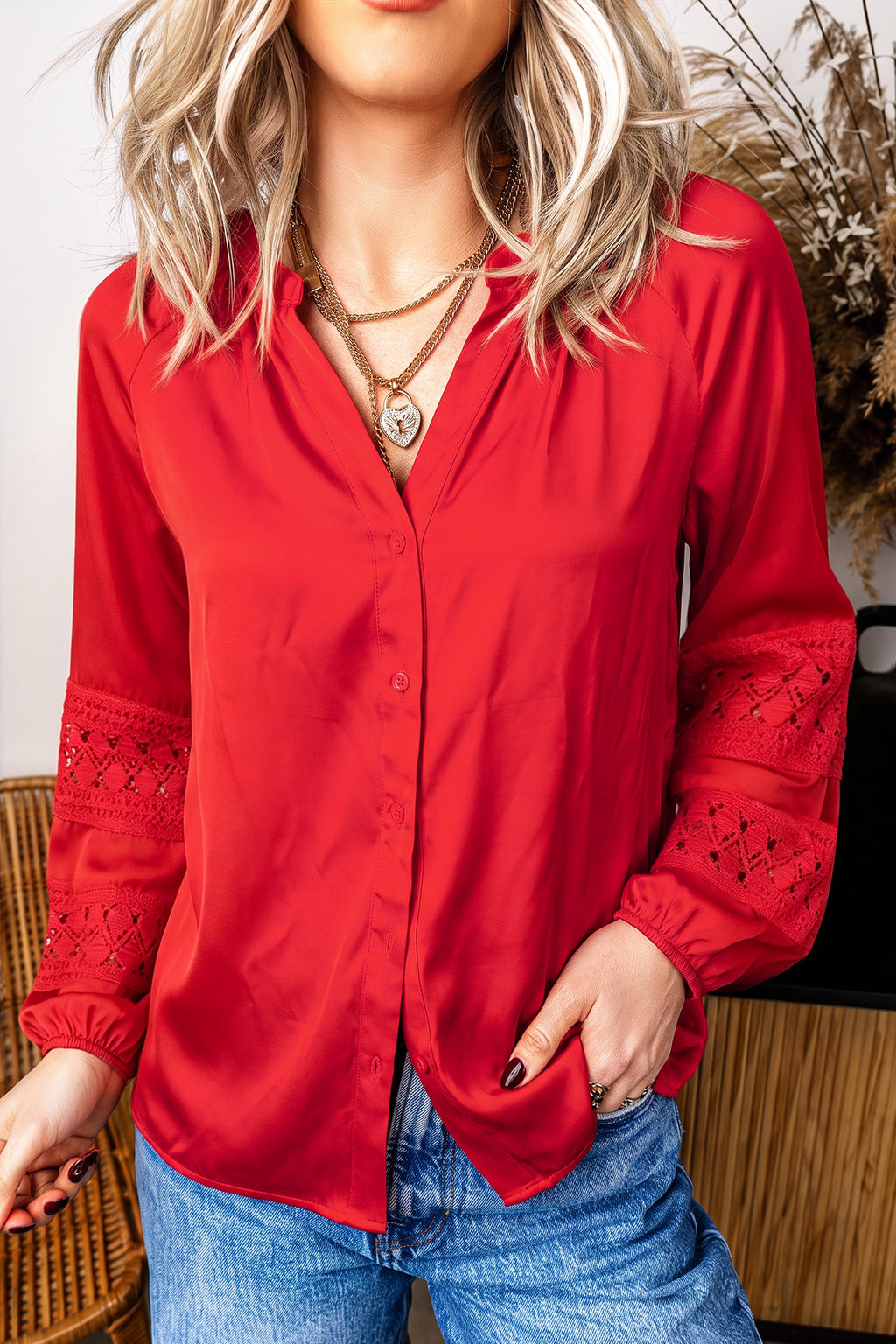 Fiery Red Patchwork Lace Long Sleeve V Neck Button Front Shirt