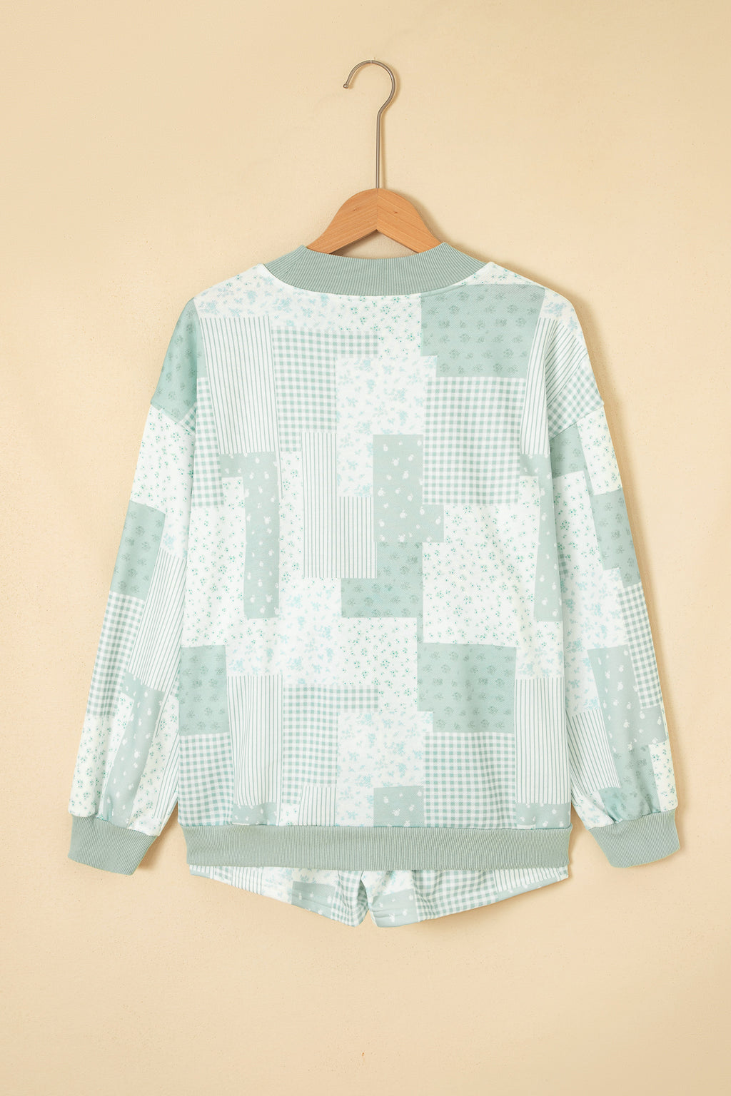 Green Patchwork Floral Print Drop Shoulder Baggy Pullover Drawstring Shorts Set