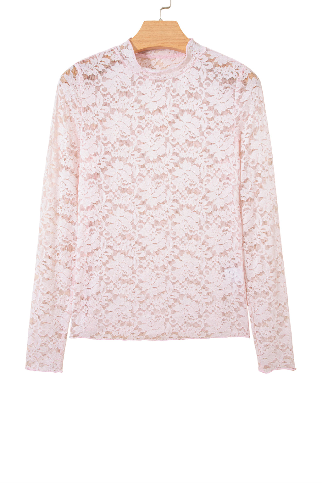 Light Pink Floral Lace Long Sleeve Stand Neck Pullover Top