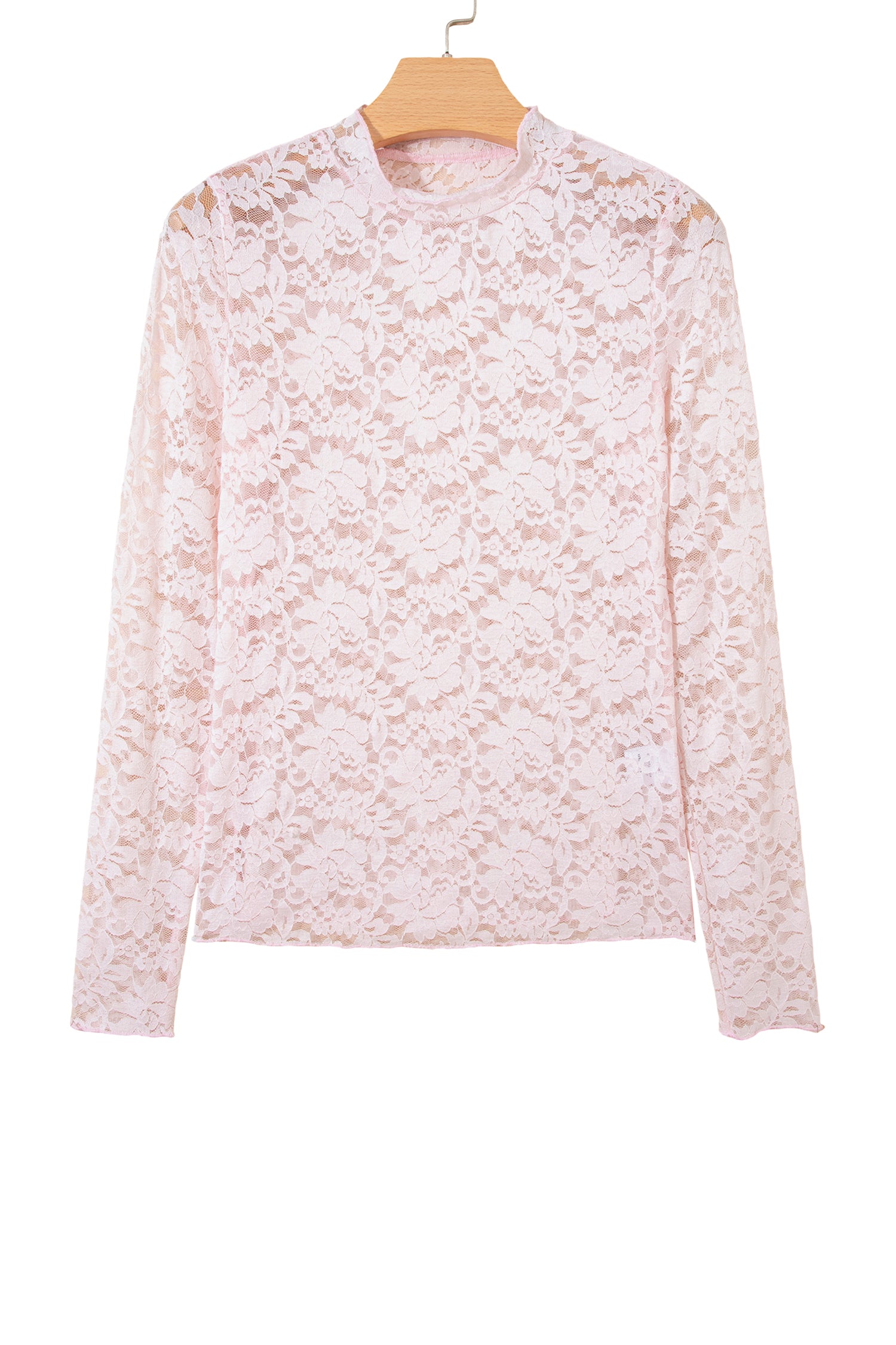 Light Pink Floral Lace Long Sleeve Stand Neck Pullover Top